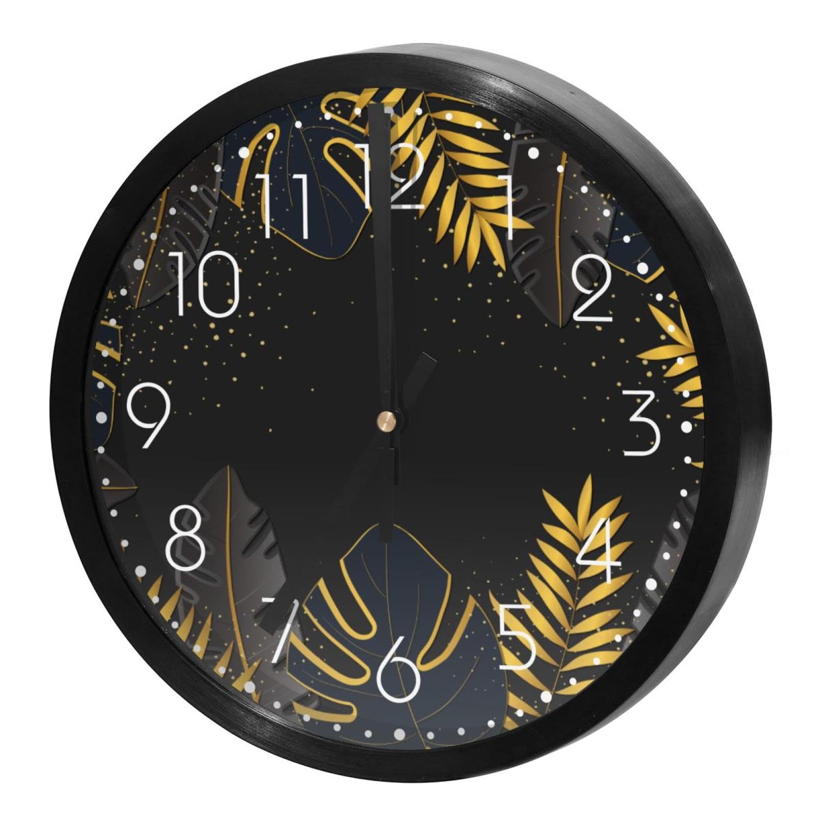 Horloge murale silencieuse à quartz à piles ronde motif feuilles sombres