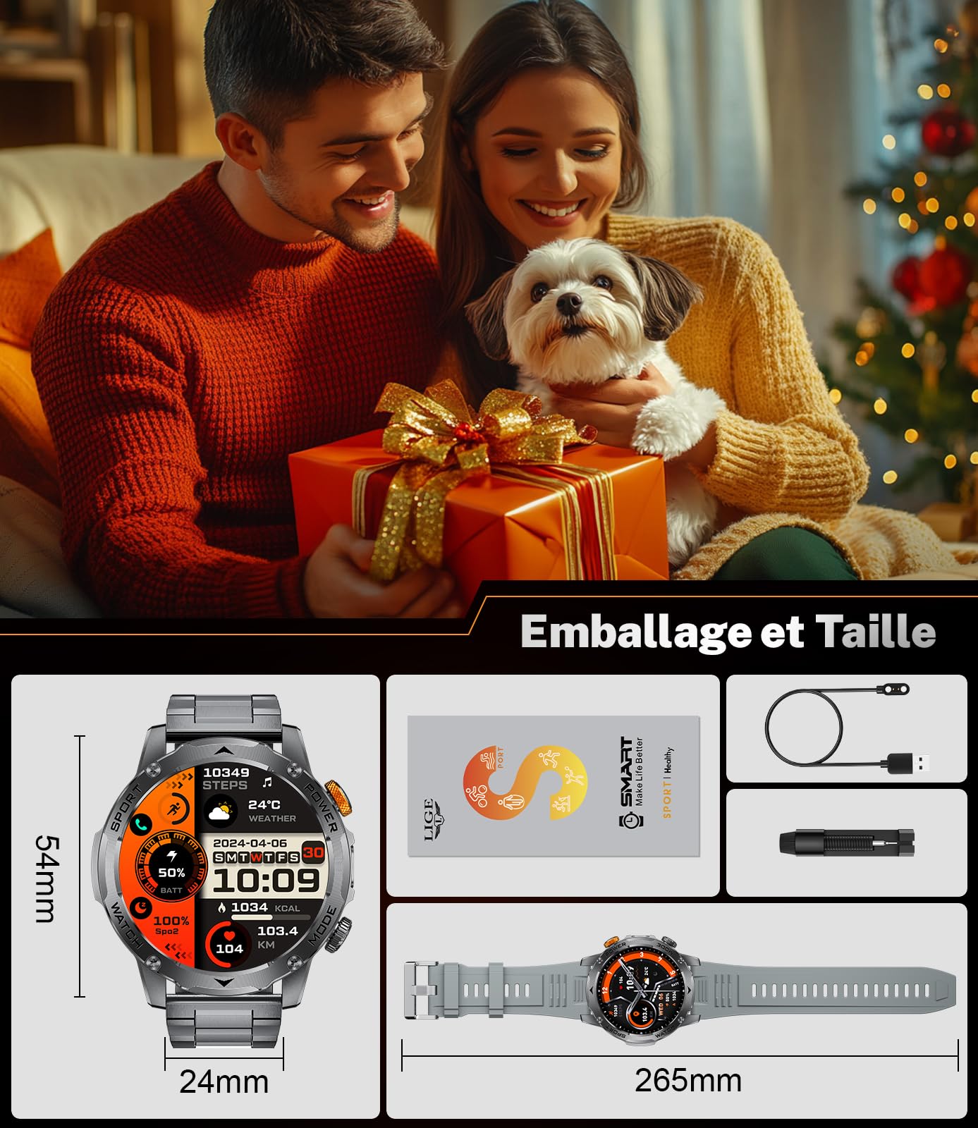LIGE Montre Connectée Homme avec Batterie 1000 mAh(50+Ultralange Standby Zeit), 1.75" HD AMOLED Smartwatch avec Appel Bluetooth/110+ Sportifs/Sommeil,Etanche IP68 Smart Watch, Montre Sport iOS Android
