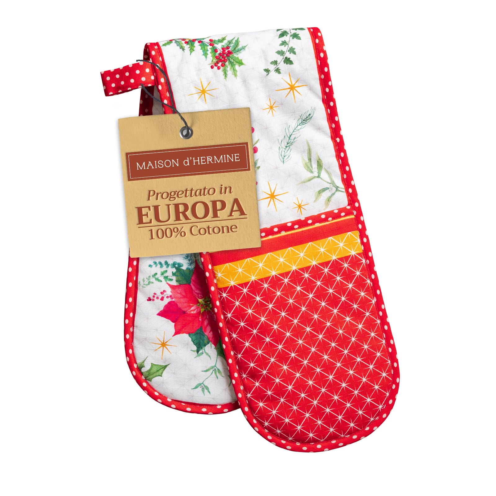 Maison d' Hermine Double Oven Mitt (18 cm x 89 cm) 100% Cotton Heat Resistant BBQ Cooking Gloves with Loop for Christmas Decorations Baking Cooking Barbeque Handling Hot Pan (Poinsettia Christmas)
