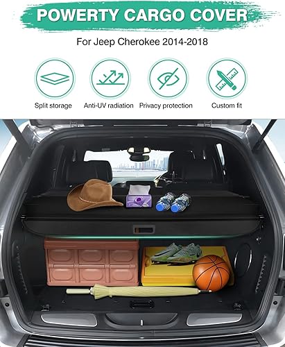 Miniatura 2 de Powerty Cubierta de carga para Jeep Cherokee 2014 2015 2016 2017 2018 Cubierta de seguridad retráctil para maletero trasero blindaje negro sin