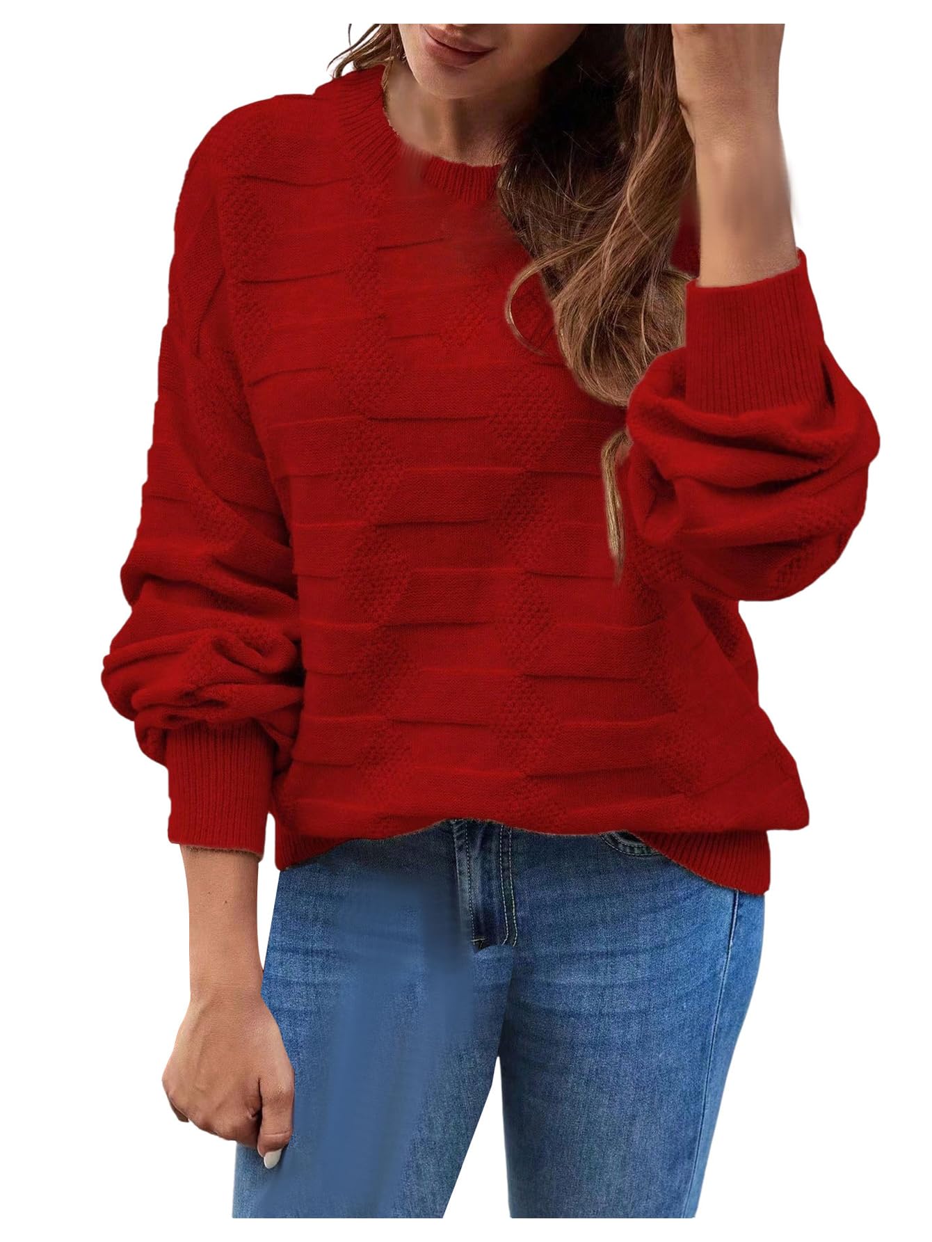 Verdusa Womens Textured Pullover Sweaters Cozy Sweater Crew Neck Knit Tops Fall Winter Clothes