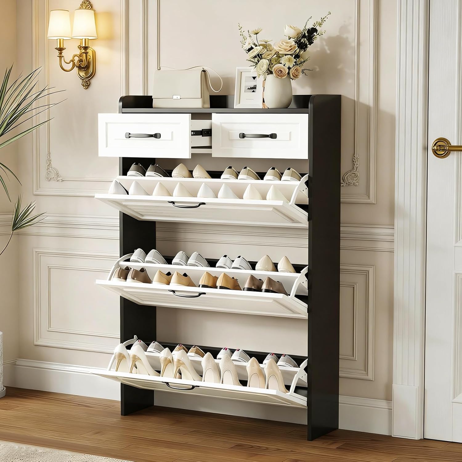 Multifunctional Narrow flip-Flop Shoe Cabinet with 3 Doors and 2 Drawers, freestanding Shoe Cabinet with Adjustable dividers, for Entrance Halls and corridors (White+Black)