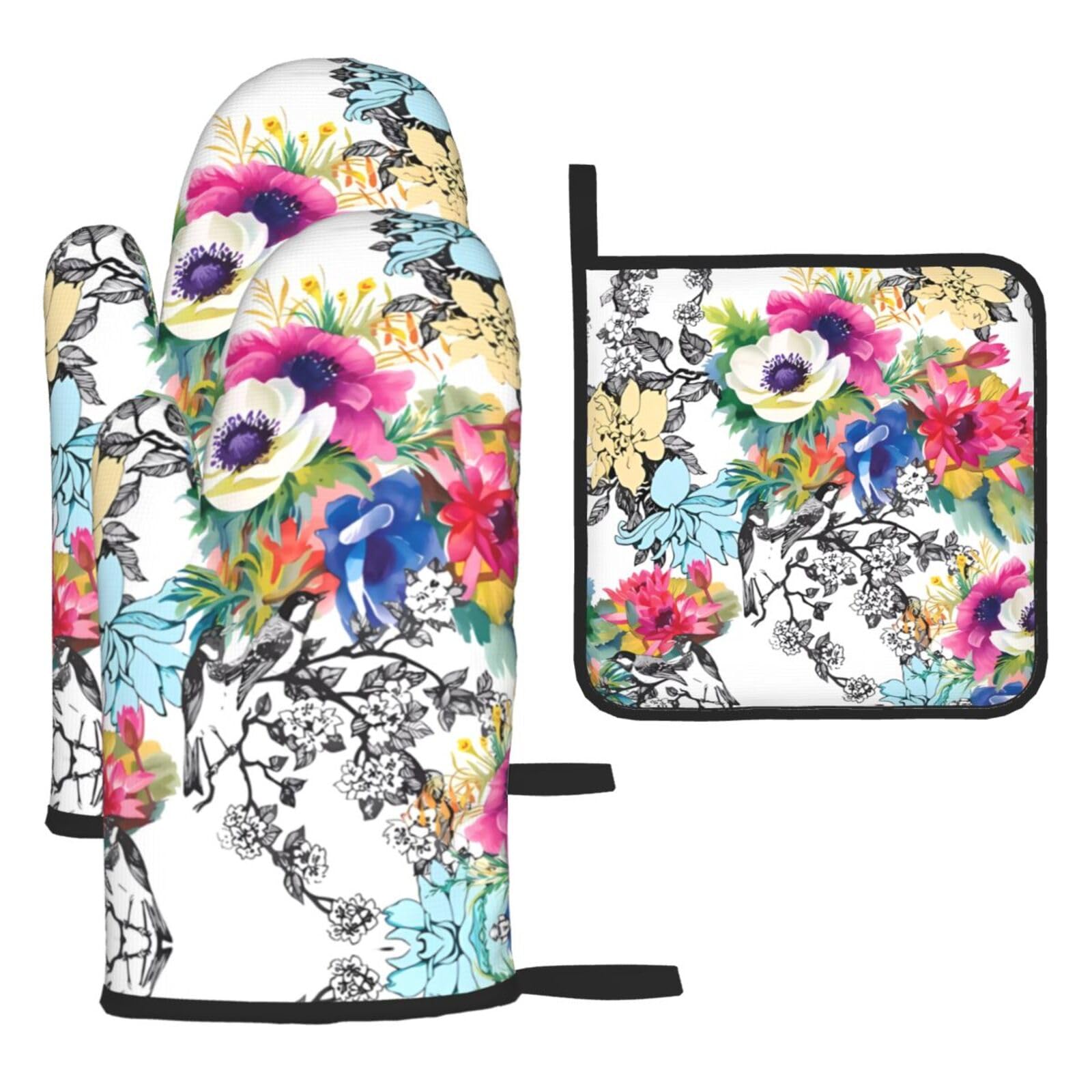 Garden Blossoming Wildflowers Birds Leaves Branches Printed Kitchen Oven Mitt Set 3-Piece Heat Resistant Gloves with Pot Holder Mat for Cooking Baking BBQ