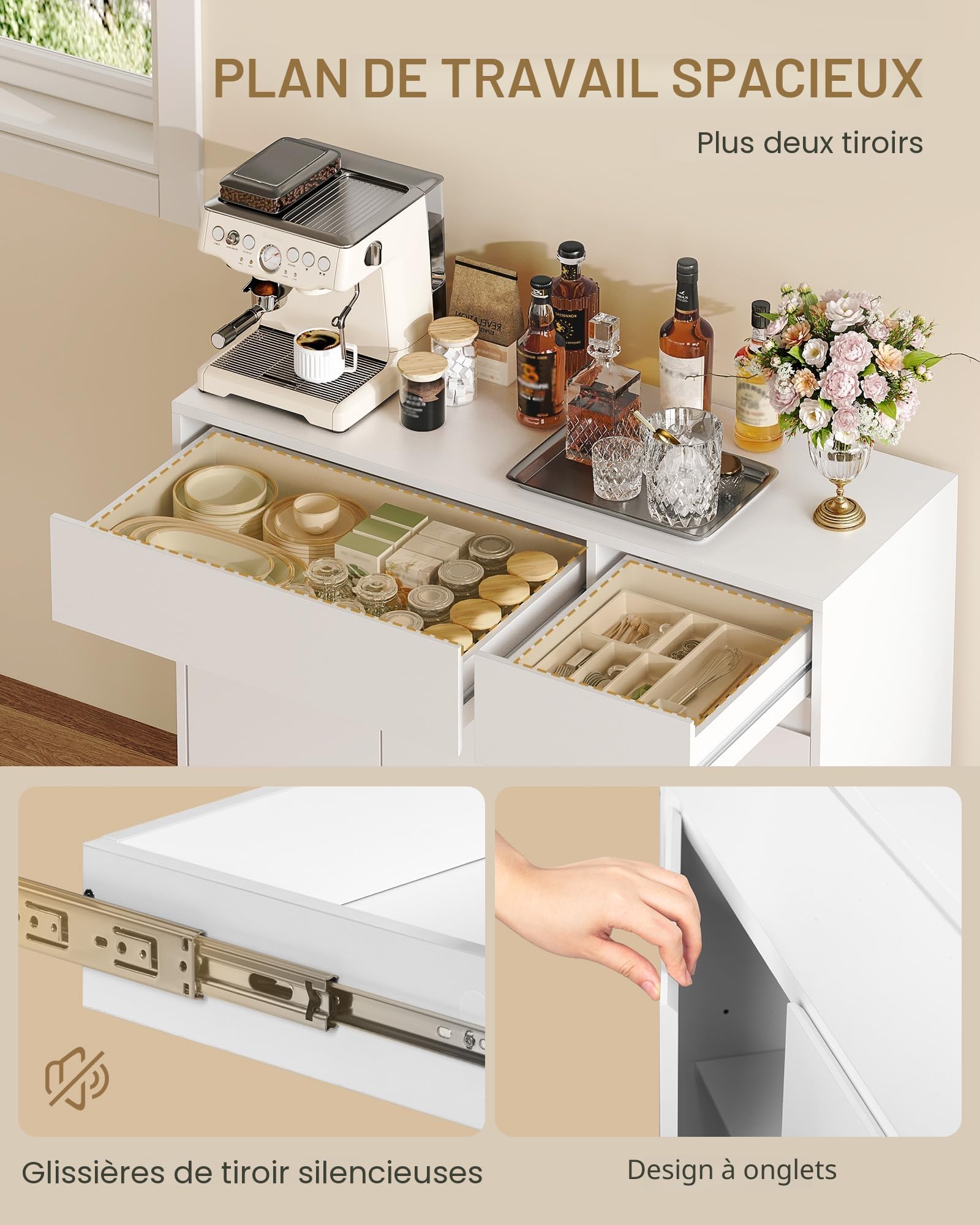 Hzuaneri Buffet, Meuble Cuisine, Meuble de Rangement avec 2 Tiroirs, 3 Portes, Étagères Réglables, Style Moderne, Adapté à La Cuisine ou au Salon, 33 x 100 x 81,5 cm, Blanc SC32003X