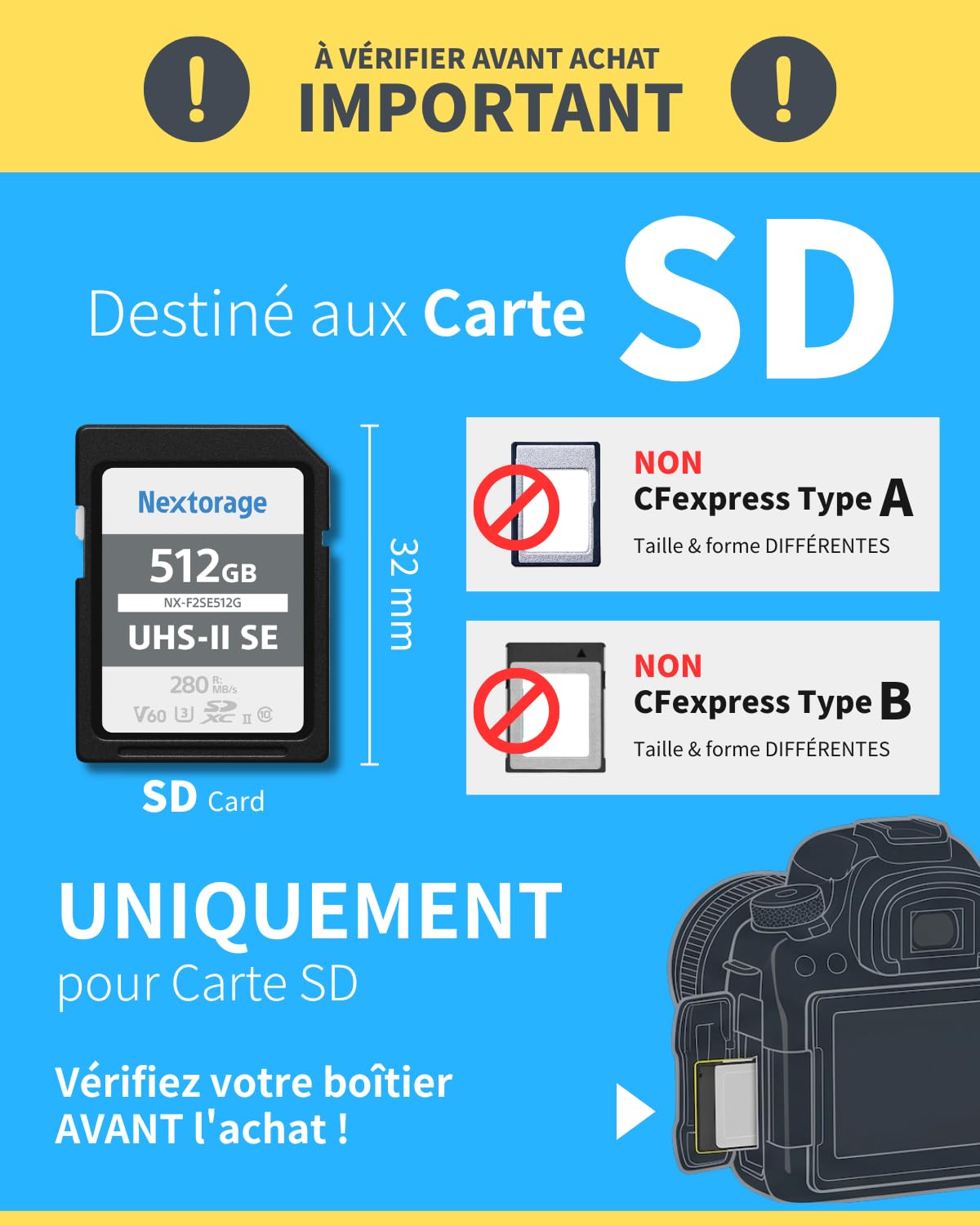 Nextorage Marque Japonaise Carte SD UHS-II 256Go SDXC V60 Vitesse de Lecture maximale 280MB/s Vitesse d'écriture maximale 170MB/s Enregistrement 4K NX-F2SE256G Carte mémoire