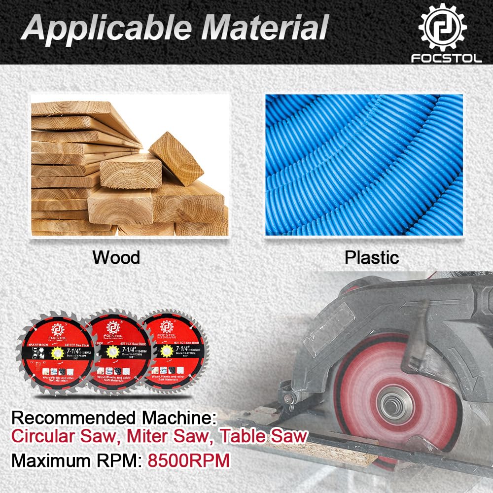 FOCSTOL Wood Cutting Circular Saw Blade 184mm, 3pcs 24+40+60 Tooth TCT Cutting Blade for Cutting Wood Plywood, Particle Board - Image 4