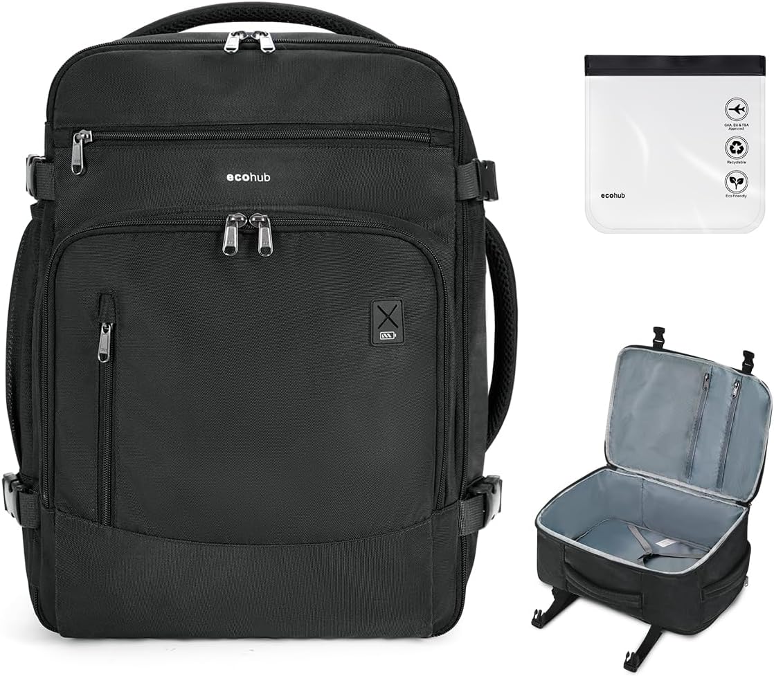 ECOHUB Travel Backpack for Men, 18x14x8 Spirit Airlines Personal Item Bag with Clear Toiletry Bag, Laptop Carry on Backpack with USB Port, Airline Approved Under Seat 14 Pockets 30L, Black ECOHUB Travel Backpack for Men, 18x14x8 Spirit Airlines Personal Item Bag with Clear Toiletry Bag, Laptop Carry on Backpack with USB Port, Airline Approved Under Seat 14 Pockets 30L, Black
