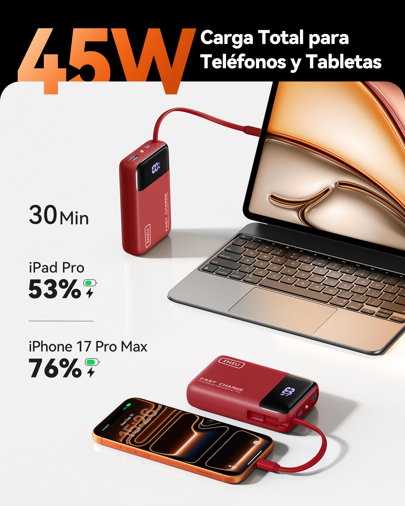INIU Power Bank, Pequeño 20000mAh 45W Carga Rapida Travel Batería Externa | Cable USB-C Integrado, Apto para Avión, Esenciales de Viaje, Portatil Movil para iPhone 17 16, iPad, Samsung, Xiaomi etc