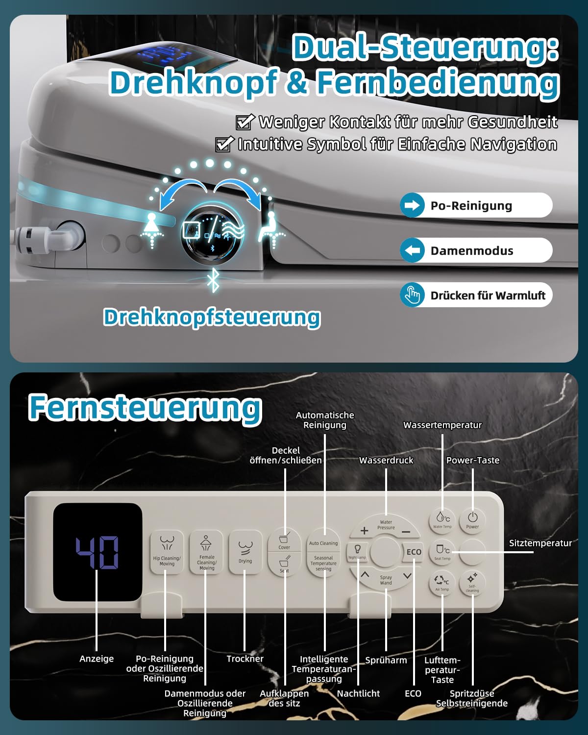 Inodoro Inteligente con Bidé, Asiento de Inodoro Japonés con Tapa Automática, Lavado y Secado con Agua Caliente, Bidé Electrónico con Luz Nocturna, Smart Toilet Seat Tapa de WC con Mando a Distancia
