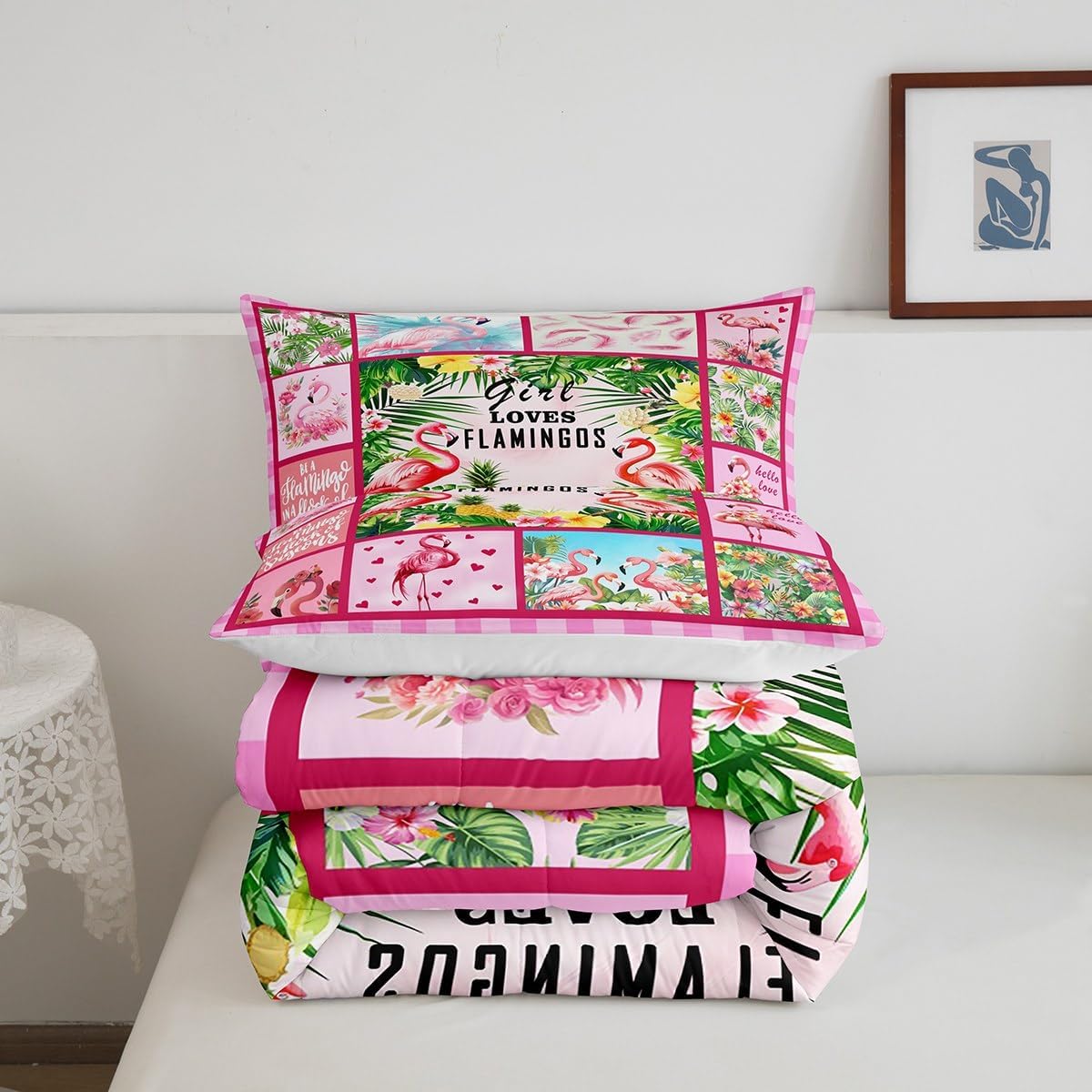 Feelyou Flamingo Comforter Set for Kids Boys Girls Tropical Flamingo Leaf Comforter King Size Animal Decor Bedding Set Bedroom Decor Bird Pink Duvet Set Quilt Set 3Pcs