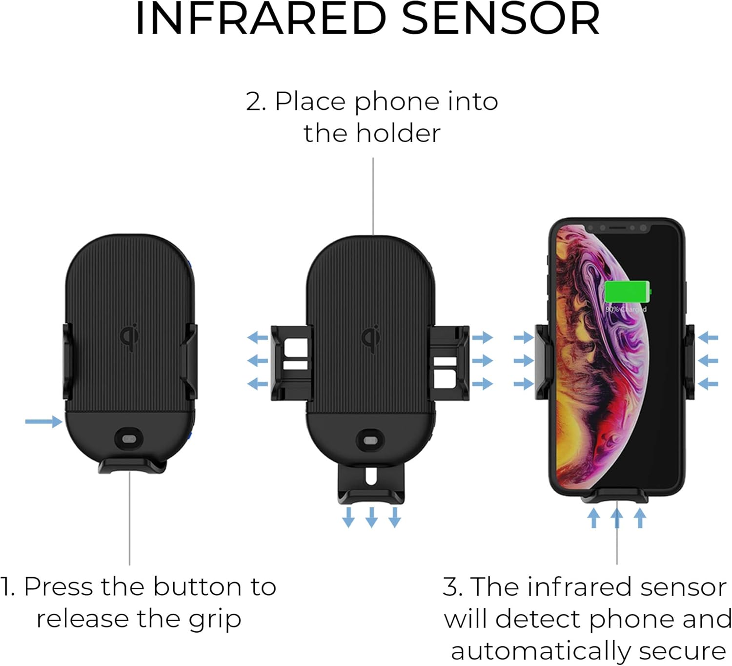 XQISIT Premium Wireless Car Charger 2in1 Qi Holder with Infrared Sensor Lock and One-Touch Release - Image 4