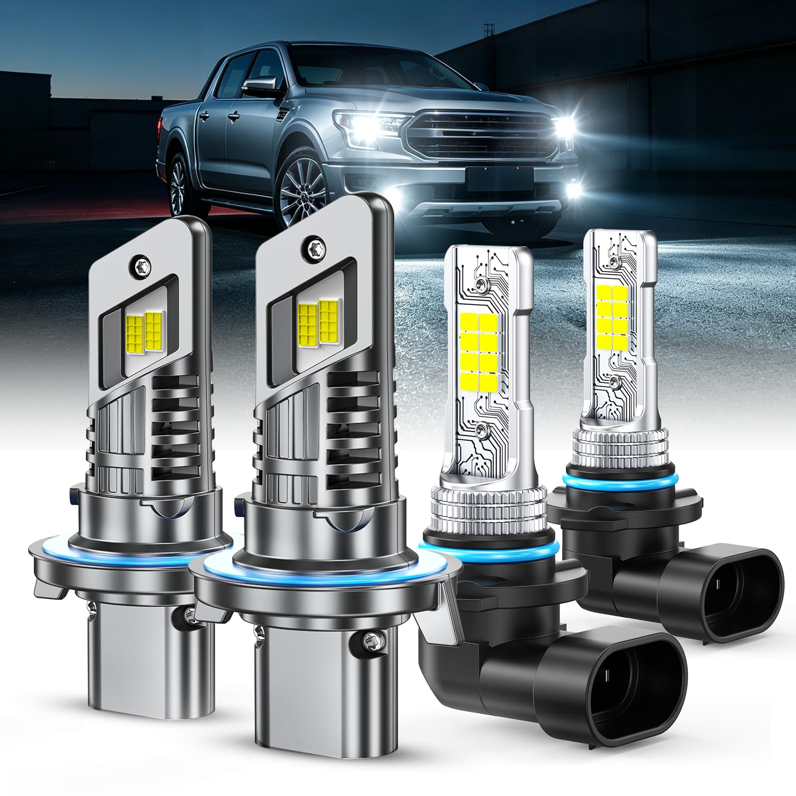 Marsauto H13 H10 LED Light Bulbs Combo 60,000 Lumens 6500K White, 1:1 Size 9008/H13 9145/H10 LED Fog Light Bulbs Combo for 2004-2014 Ford F-150, 2005-2020 F250/F350, 2005-2009 Dodge Dakota, Pack of 4