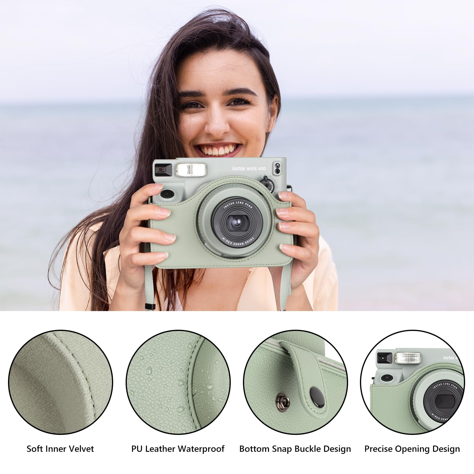 MUZIRI KINOKOO Custodia Compatibile per Instax Wide 400 Instant Camera, Custodia Protettiva in Pelle PU per Fuji Instax Wide 400 Instant con Tracolla Regolabile - Verde