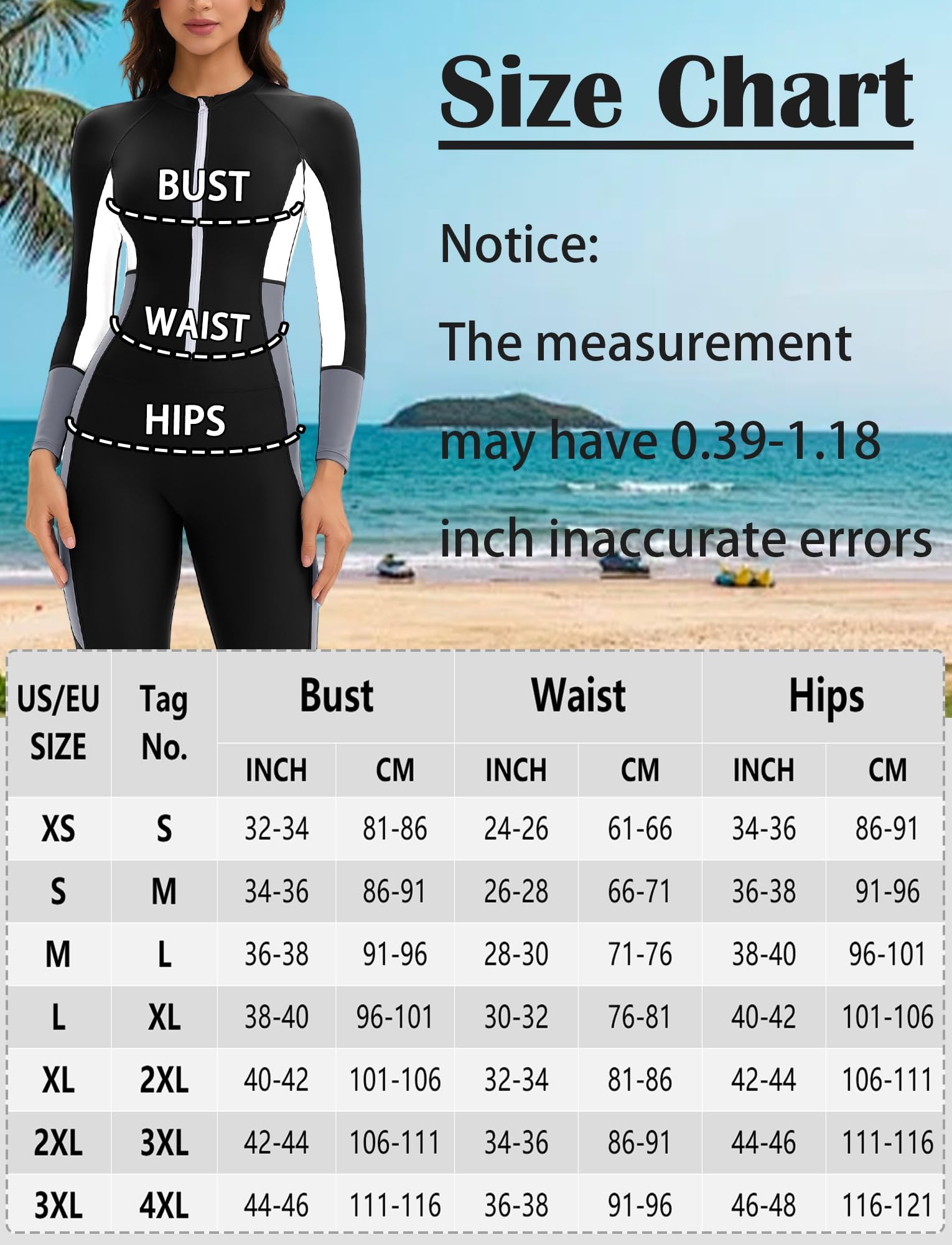 Rash Guard - Costume da bagno da donna con protezione solare per gambe e braccia, con chiusura lampo, slim fit, taglie XS-3XL (taglia S-4XL)