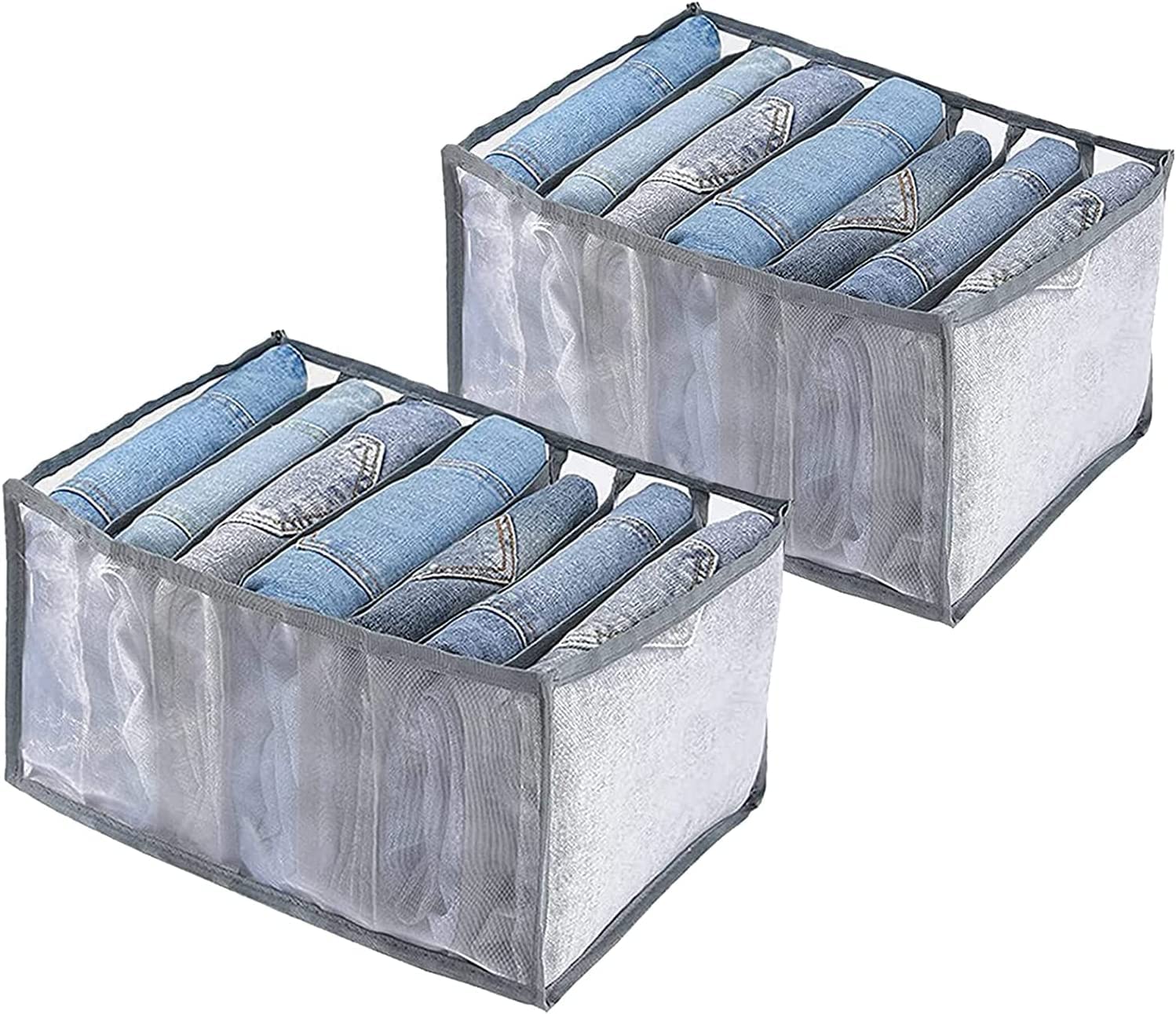 GURIXIANG 2 pack 7 Grids Washable Wardrobe Clothes Organizer, Foldable Clothes Organizer for Closet, Clothing Storage Box,Drawer Mesh Separation Box for T-shirt,Legging,Skirts,Jeans,Kid Clothes(Grey)