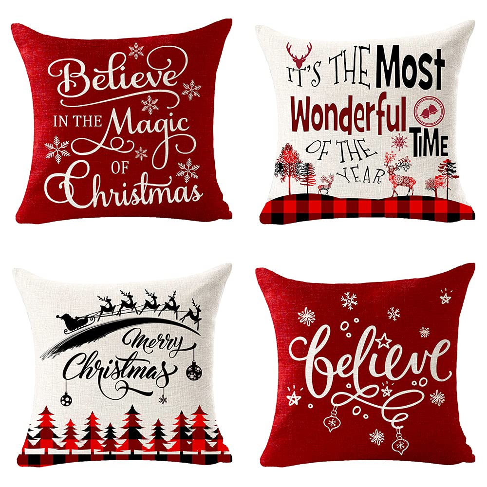 NIDITW Christmas Tree Throw Pillow Cover 12x20 Inches - Red Cotton Linen, Hidden Zipper, Decorative Holiday