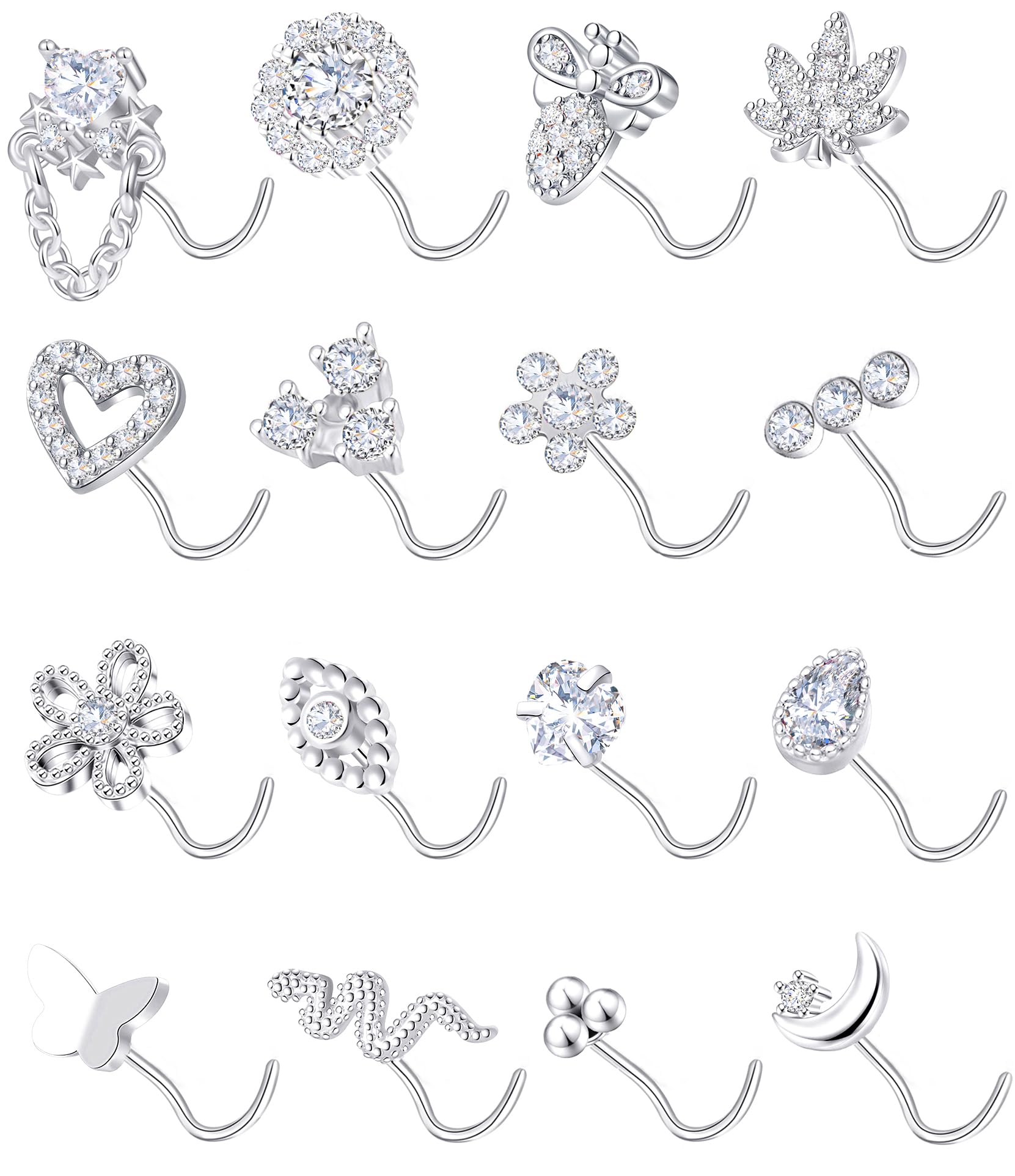 Tornito16Pcs Nose Stud Rings L Screw Shaped Nose Ring Flower Snake Butterfly Heart Eye CZ Dangle Nose Rings Stud Body Piercing Jewelry for Women Men 20G Silver Pink Tone