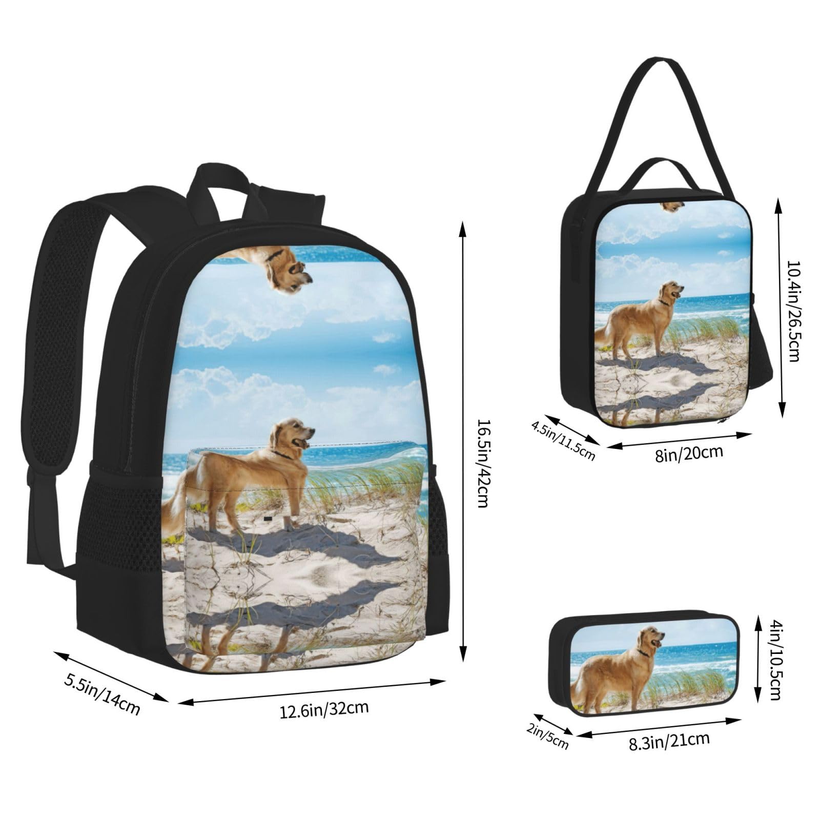 3-częściowy zestaw plecaków szkolnych z nadrukiem Golden Retriever, wodoodporny plecak na laptopa o dużej pojemności, z izolowaną torbą na lunch i piórnikiem dla nastolatków gimnazjalnych i