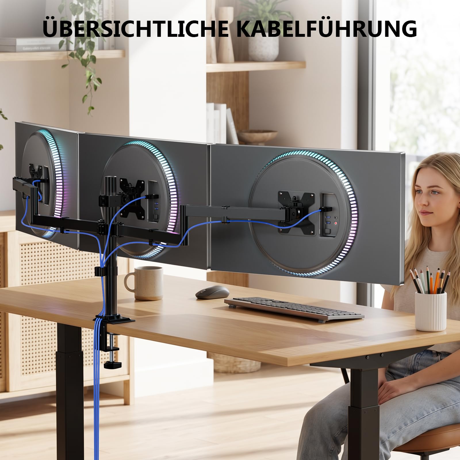 WALI Monitor Halterung 3 Monitore für bis 27 Zoll Bildschirm,Voll Verstellbare Triple Monitor Halterung, Monitorhalterung 3 Monitore 7 kg pro Arm,VESA 75/100 (M003S), Schwarz