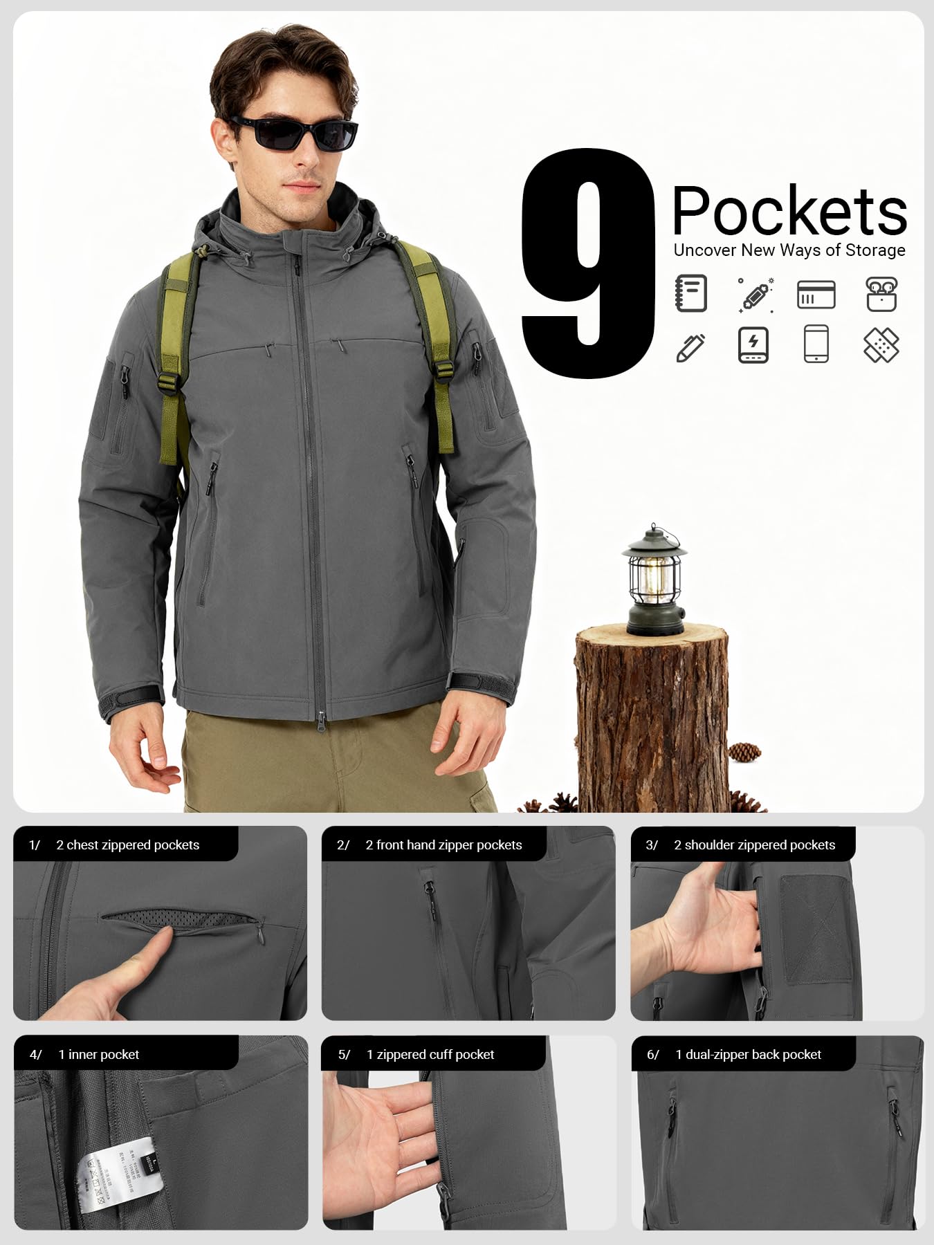 Veste tactique légère à capuche coupe-vent imperméable extensible respirante 9 poches pour homme