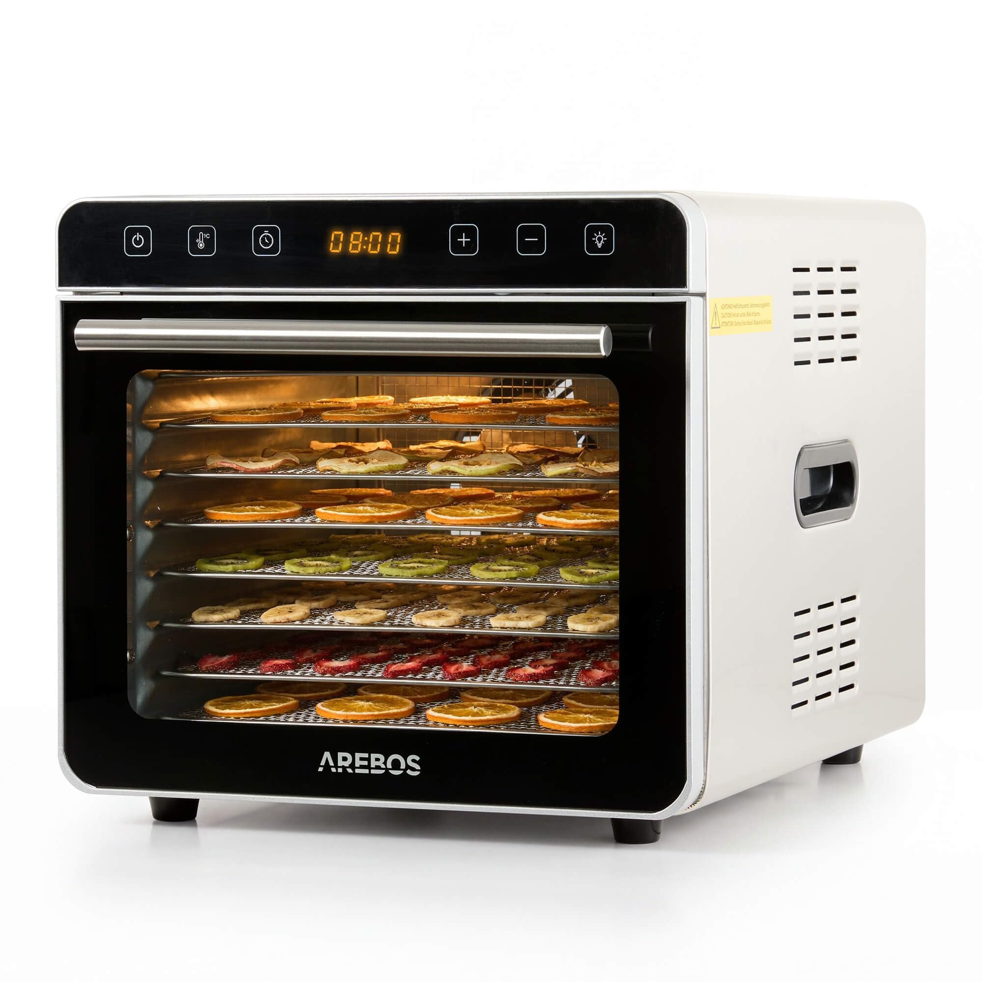 Arebos Deshidratador de Alimentos de Acero Inoxidable 700 W | 8 Bandejas de Acero Inoxidable | Capacidad 19 L | Pantalla Táctil, Luz LED, Temporizador 24 h, 35-85 °C | Fruta, Carne, Hierbas