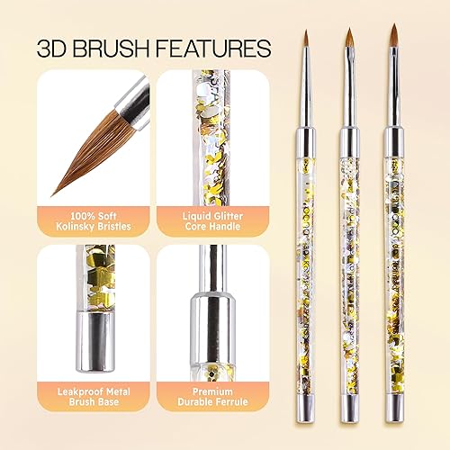 Miniatura 4 de PANA 3D Kolinsky - Brocha para arte de uñas, mango de purpurina dorada, tamaño 5, pincel acrílico para escultura de uñas, para manicura, pedicura,