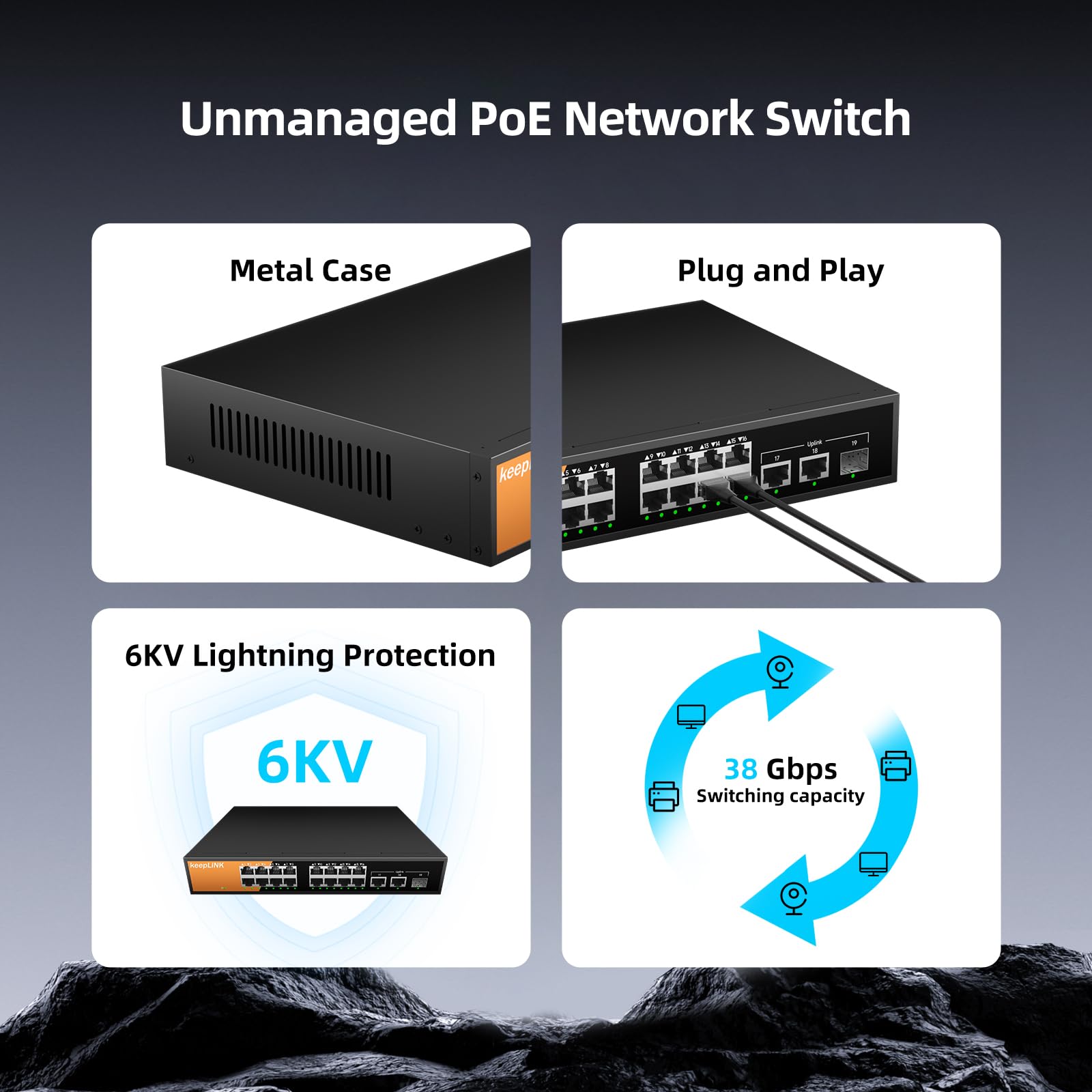 Commutateur Gigabit PoE non-géré à 16 ports, 16 ports PoE+ à 240W, 2 ports de liaison montante Gigabit et 1 emplacement SFP, conforme 802.3 at/af, sans ventilateur et boîtier métallique, pour