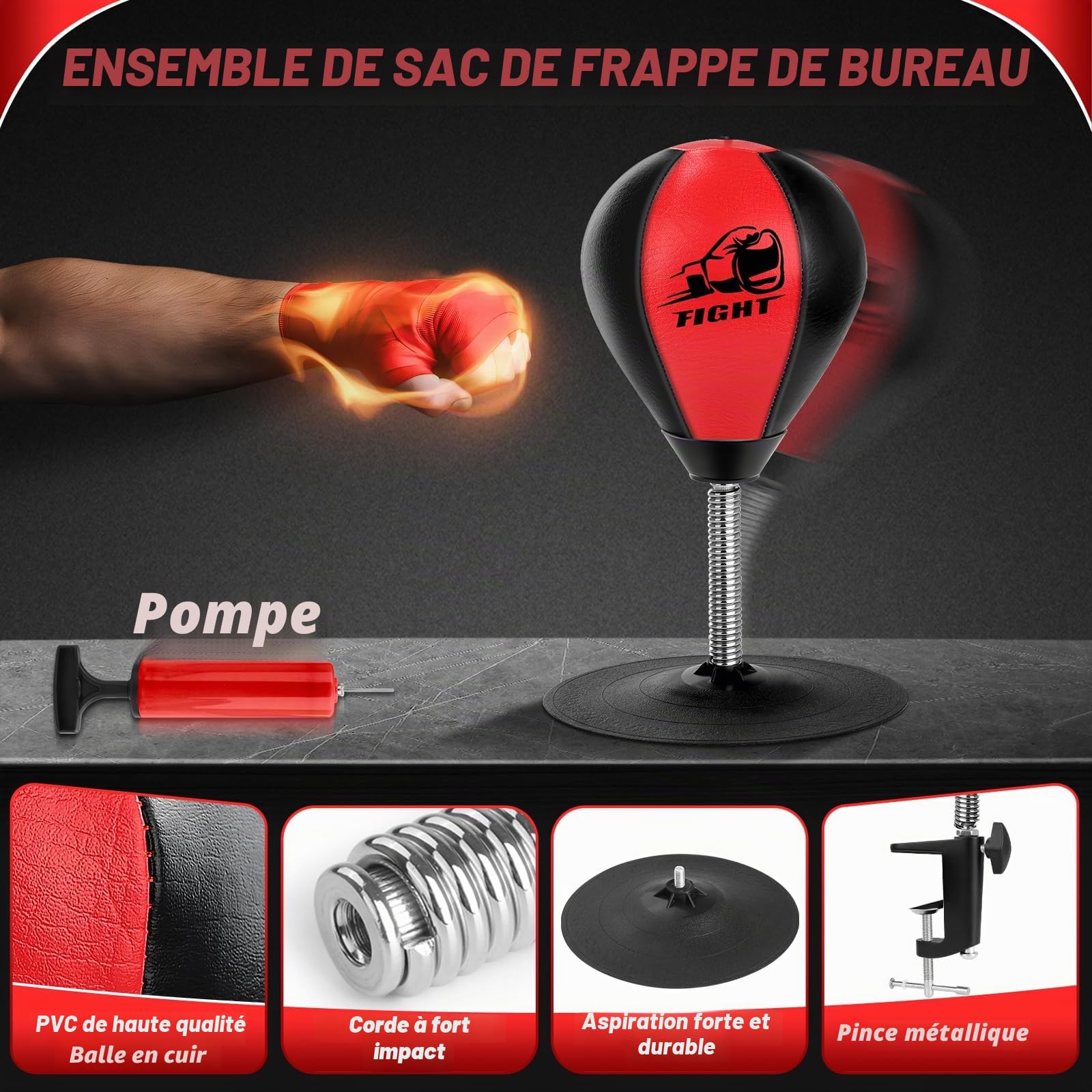 NZQXJXZ Sac de Frappe de Bureau, Sac de Boxe de Bureau, Punching Ball avec Ventouse Super Résistante et Pince de Bureau pour Table et Comptoirs de Bureau, Cadeau Amusant pour Amis ou Collègues