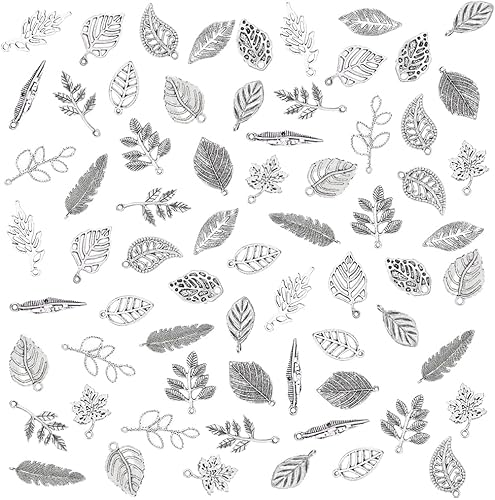Miniatura 7 de PH PandaHall 150 dijes de hoja de árbol, 15 estilos de filigrana de hoja de metal, dijes de plantas de aleación tibetana de plata antigua, colgantes