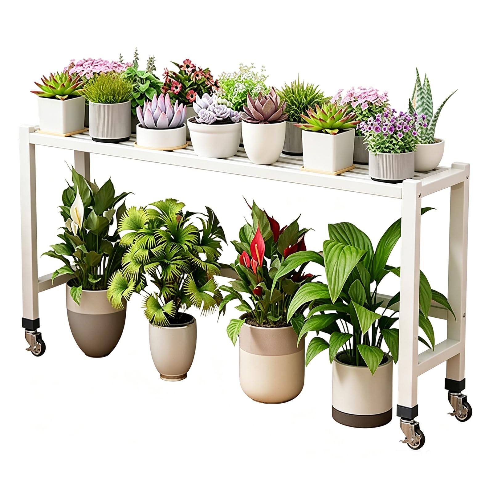 ATRBNCX Heavy Duty 1 Tier Plant Stand With Wheels, Mobile Flower Cart Display Shelving, Durable Planter Rack Stand For Patio, Balcony & Commercial Use(Size:120cm/47in,Color:White)