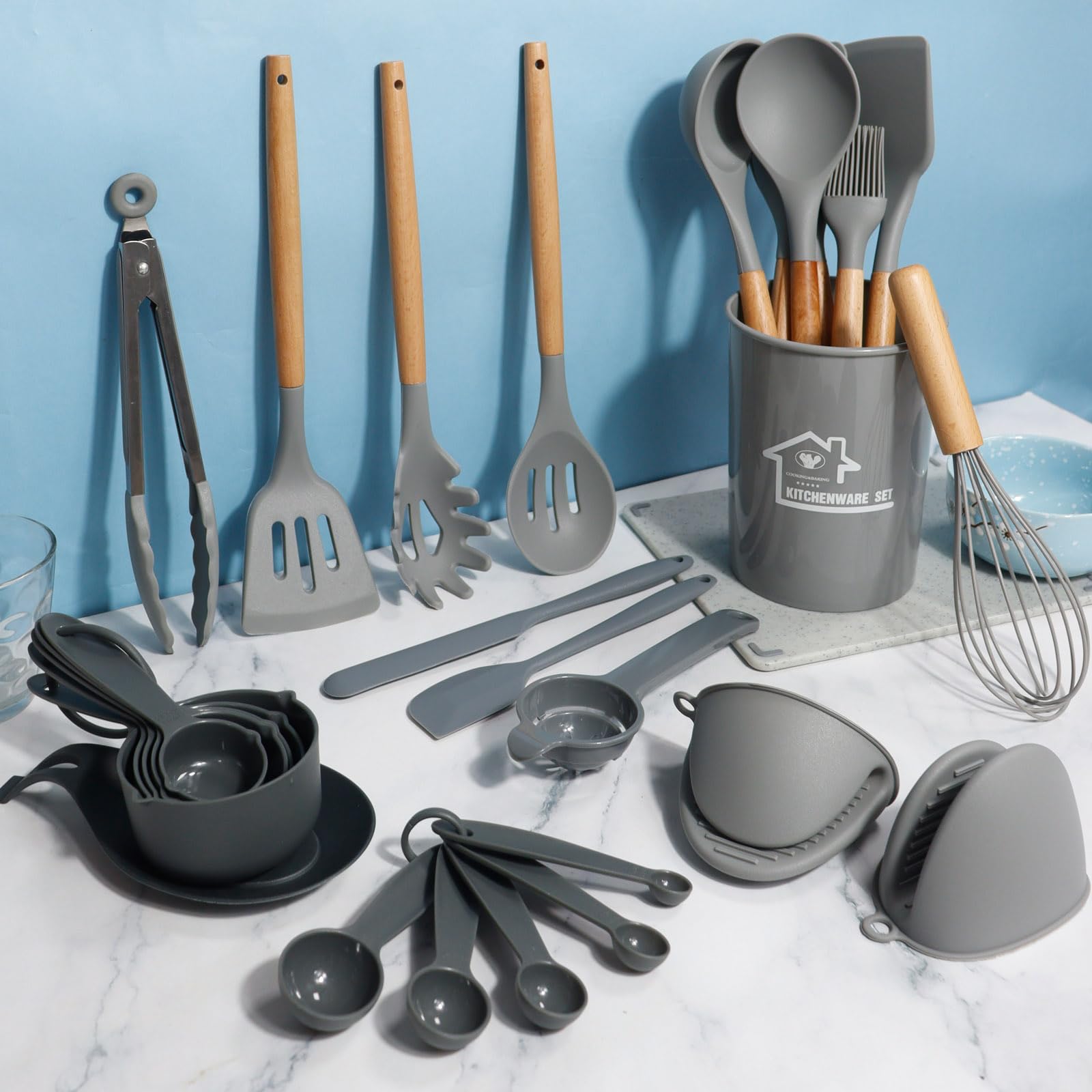 Juego de Utensilios de Cocina de Silicona, Juego de Utensilios de Cocina de Silicona de 43 Piezas, Juego de espátulas para Utensilios de Cocina con Soporte para cocinar Antiadherente,Gris