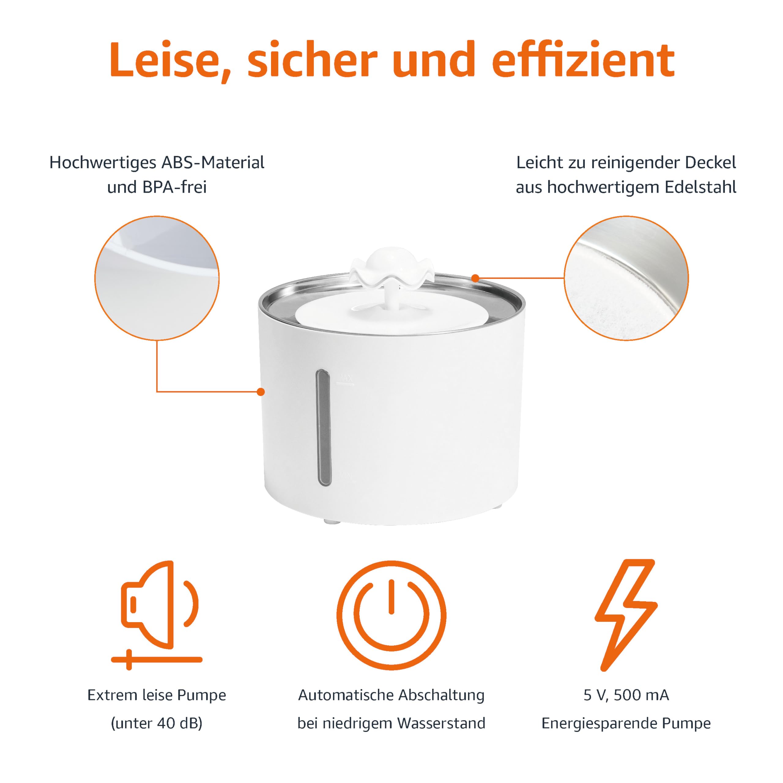 Amazon Basics Trinkbrunnen für Haustiere, Kleintiertränke, Hundetränke, Edelstahl, 3 L, mit 3 Kohlefiltern, Weiß