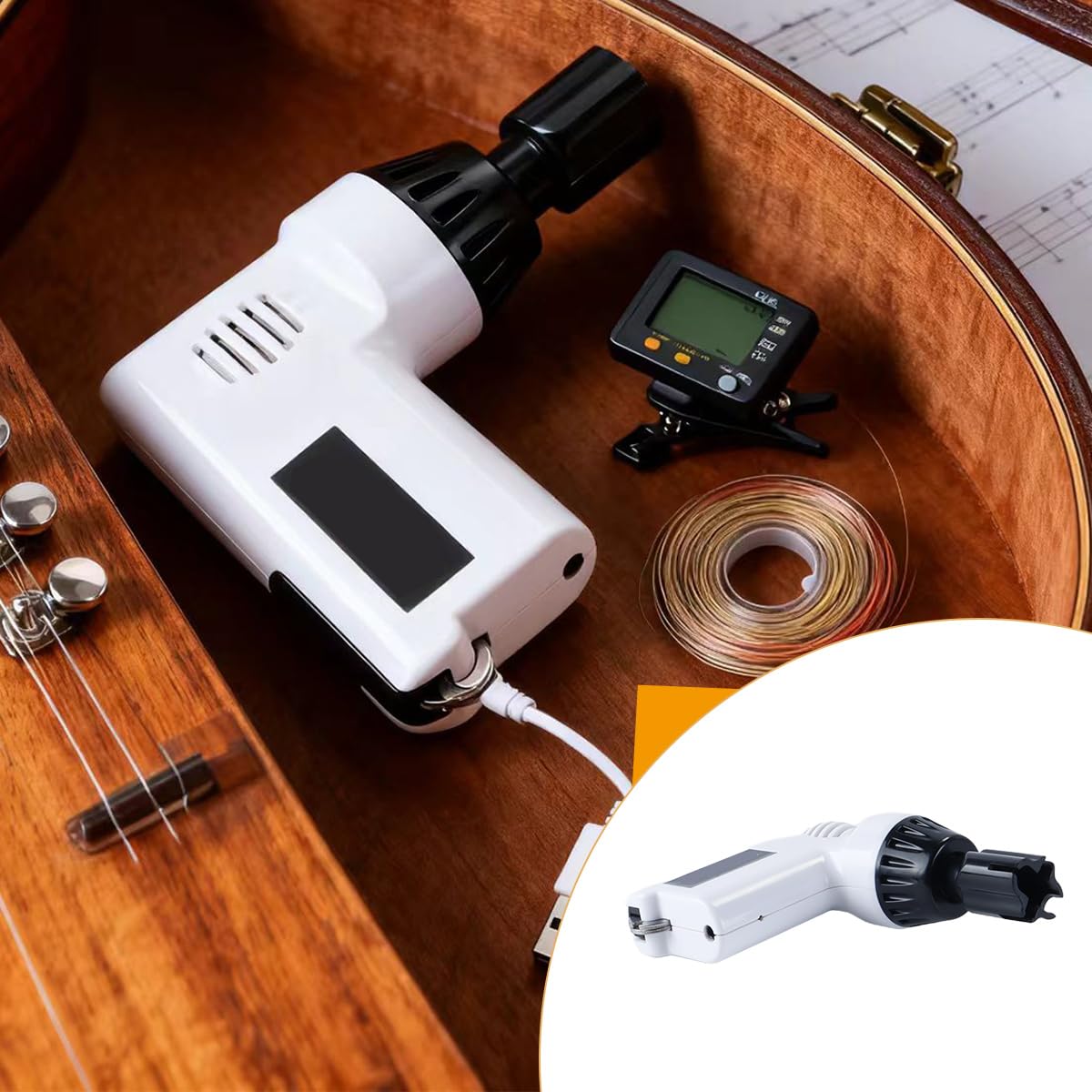 Outil de réglage pour réparation de guitare, enrouleur de cordes, coupe-cordes, câble USB, temps de charge de 2 à 5 heures (blanc)