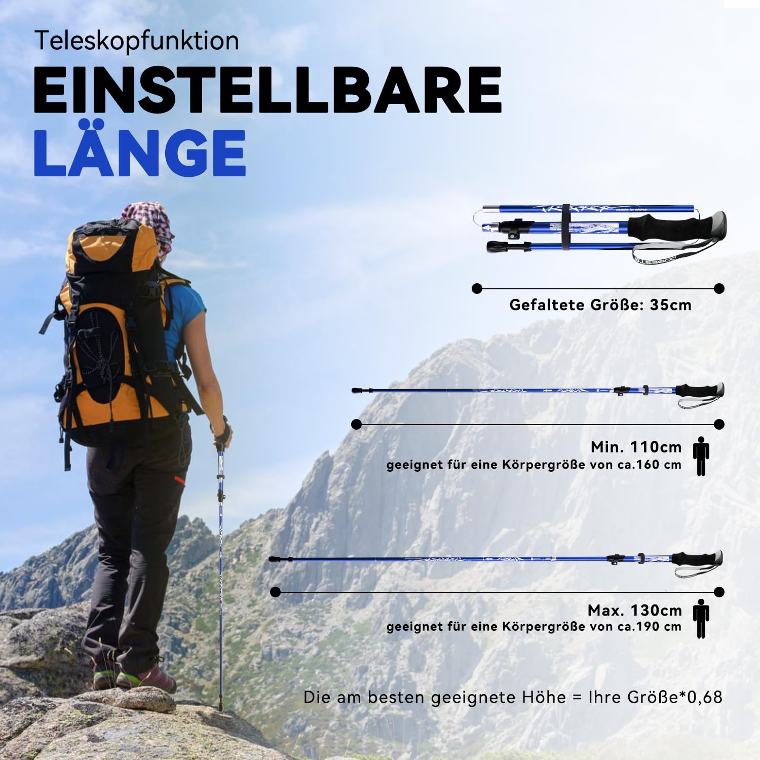 DOBESTS Wanderstöcke, Nordic Walking Stöcke Aluminium, mit extra Gummipuffer und Tragebeutel, Faltbare Leichte Trekkingstöcke für Damen und Herren, Wanderstock Verstellbar 110cm-130cm