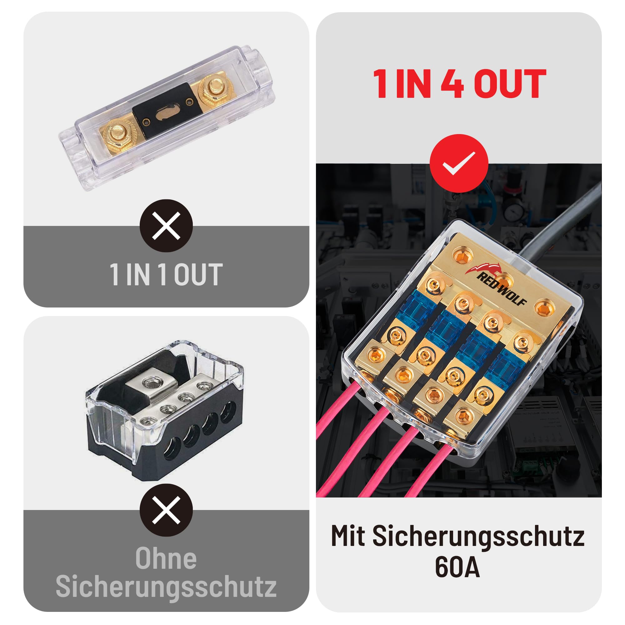 RED WOLF 4 Wege Kfz Stromverteiler mit 60 Ampere Flachsicherungen, Mini ANL Sicherungshalter 60A für Auto Audio Stereo Autobatterie Sicherungshalter 0/2/4 Gauge In 4/8 Gauge Out Verteilerblock