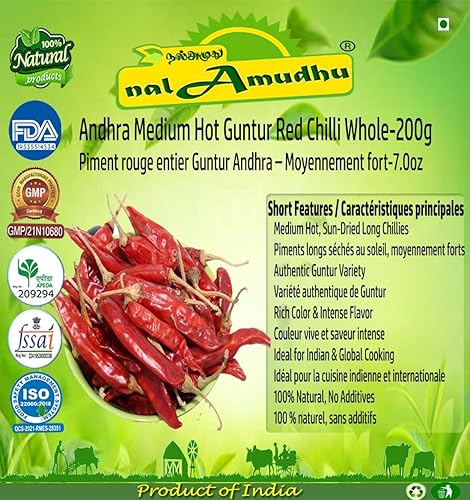 nalAmudhu Andhra Guntur Red Chilli Whole Medio caliente Pimienta roja-200 gm