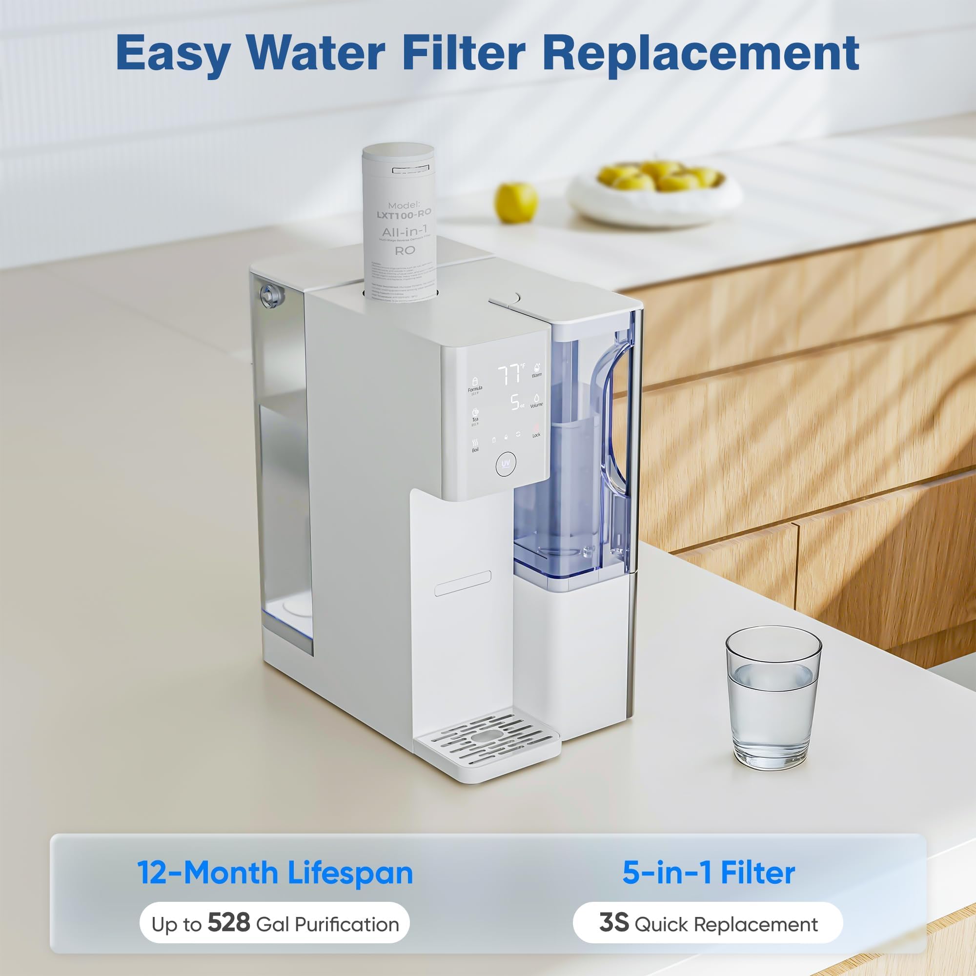 Tanoxo Sistema de encimera de filtro de agua de ósmosis inversa, filtración RO de 5 etapas, agua caliente instantánea con 4 ajustes de temperatura, sin BPA, blanco, para cocina casera