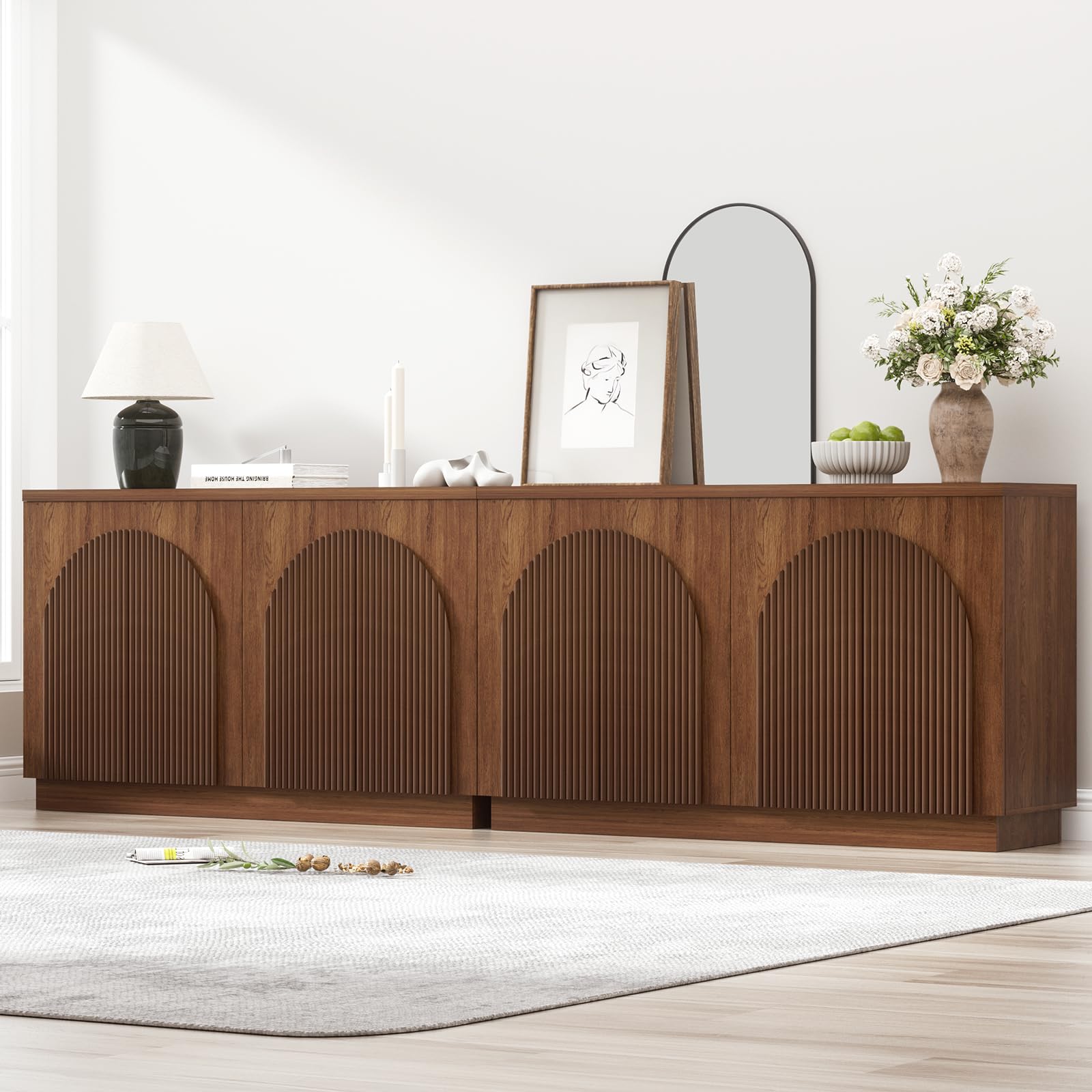 Yechen Walnut Fluted Sideboard Buffet Cabinet with Arched Reeded Design Doors, Mid Century Modern Credenza Storage Cabinet with 2 Adjustable Shelves Inside, for Living Room Kitchen Dinning(2PCS) Walnut 2 Pieces