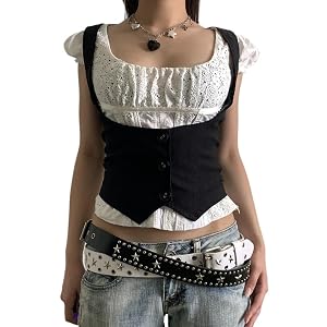 Y2K Gothic Vest 2000s Vintage Button Up Waistcoat Vintage Tank Top Grunge Streetwear Halter Top