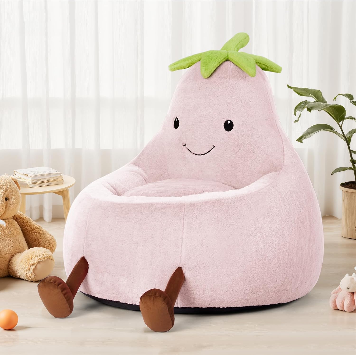 dumos kids bean bag chair, stuffed toddler couch with faux rabbit fur cover for teens & kids, comfy lazy sofa chair for reader, living room, bedroom, aged 4-12 years, 24 inch, pink pink 2 ft