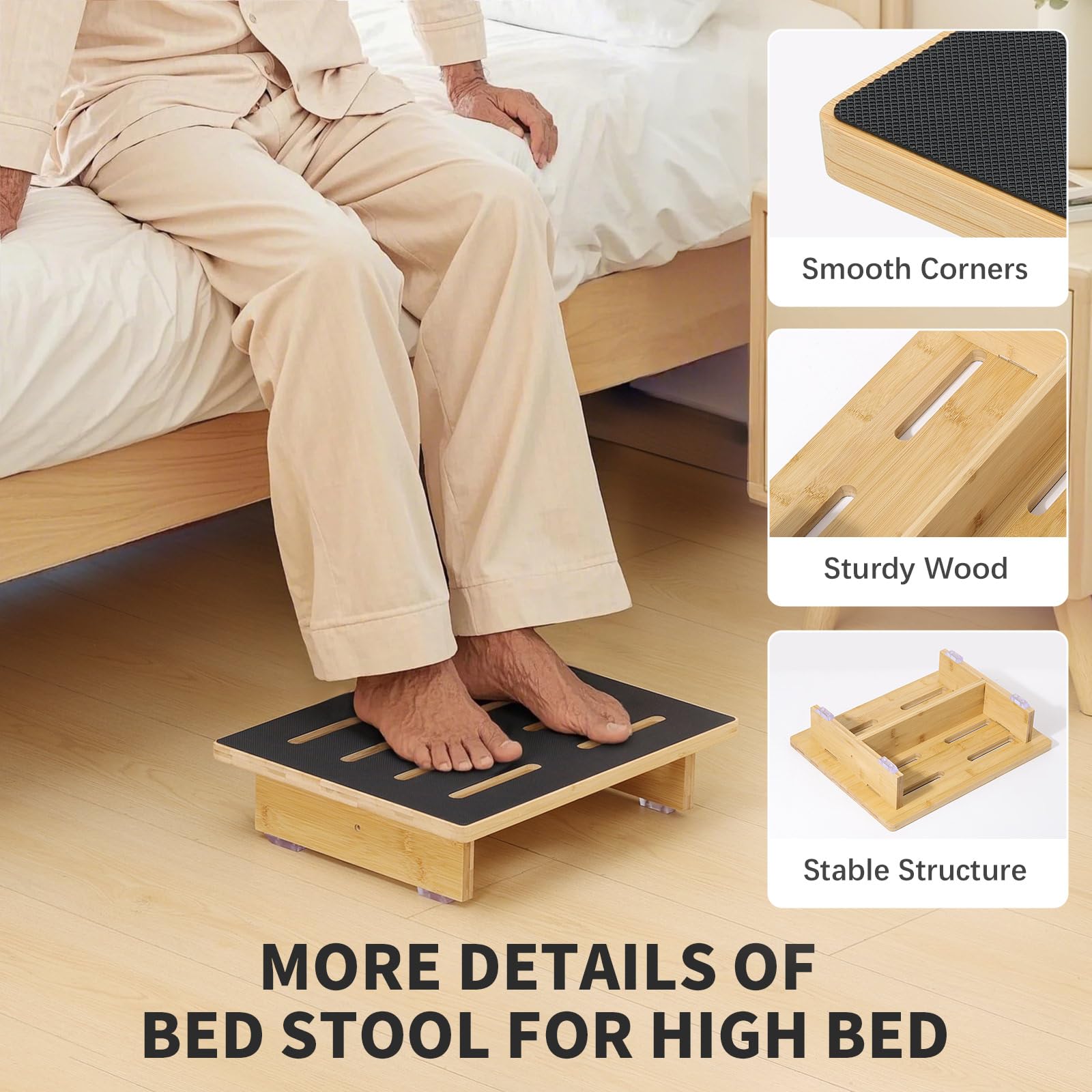 Roylvan Taburete para Adultos, Escalón para Camas Altas, Taburete Antideslizante con Capacidad de Carga de 440 LB para Ancianos, Niños, Junto a la Cama, Ducha, Cocina, Madera de Haya/Negro