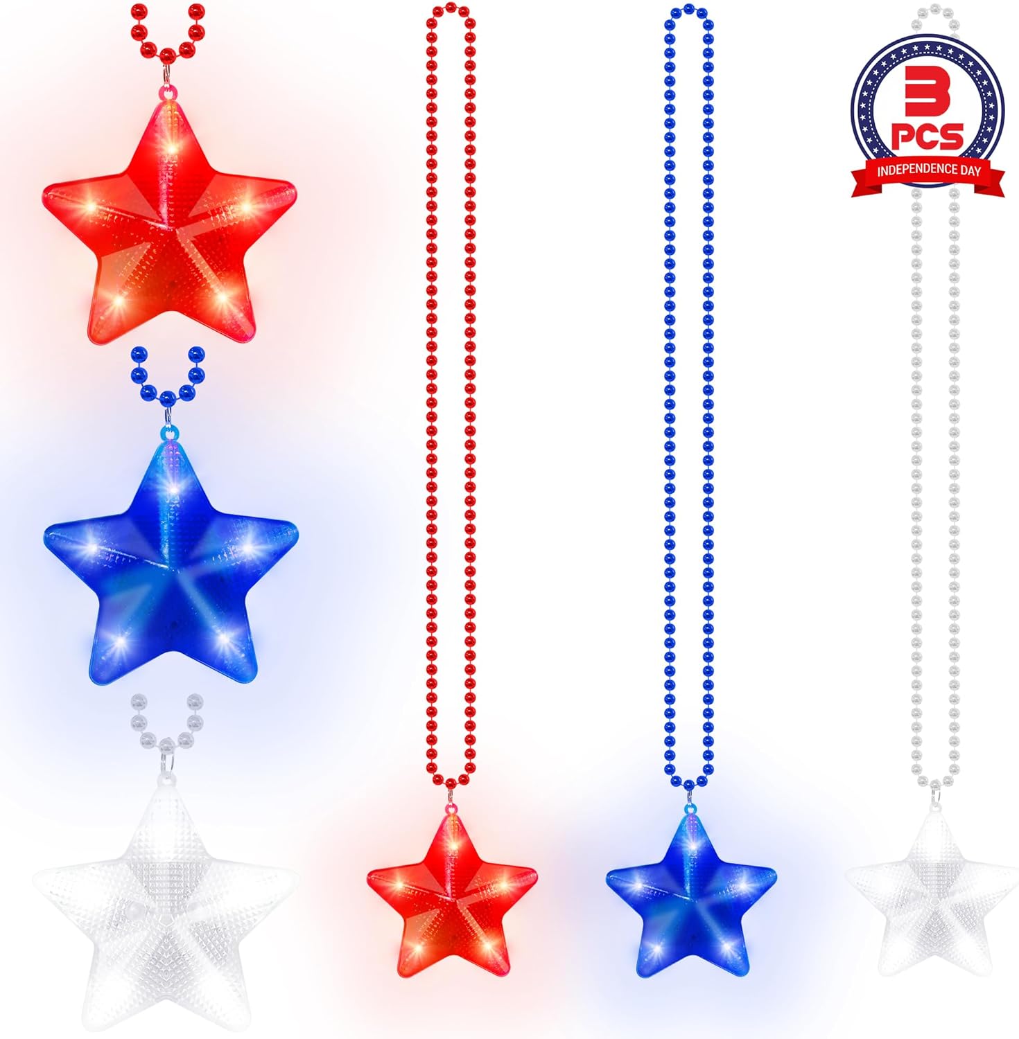 4th of July Accessories, 3PCS Independence Day Beads Light up Necklace Bulk, Red White Blue 250th Anniversary Patriotic Fourth of July Glow Necklace Party Favor for Memorial Veterans Day Parades