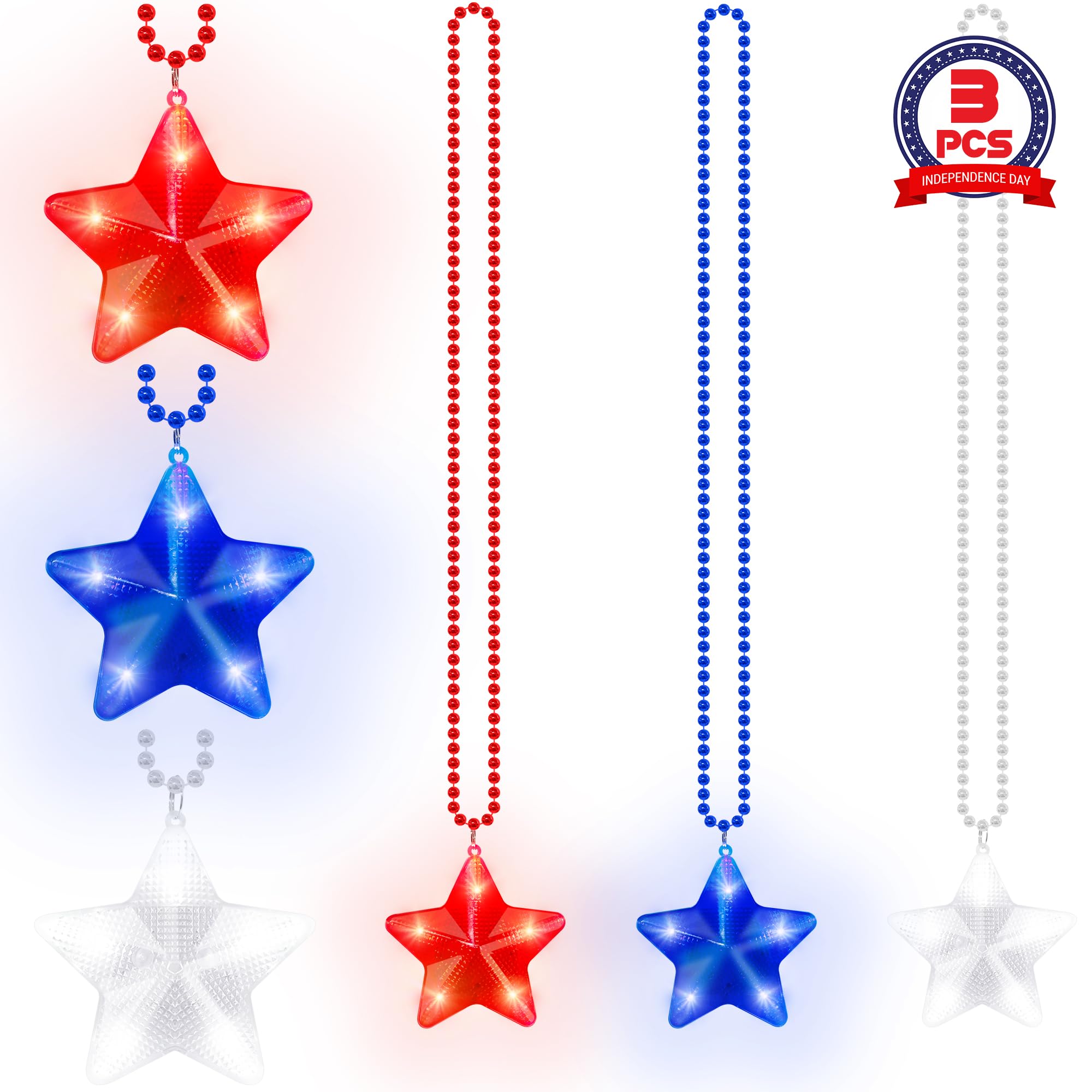 4th of July Accessories, 3PCS Star Light up Necklace Independence Day Beads, Red White Blue Patriotic Fourth of July Necklace Party Favor, Glow Star Accessories for Memorial Veterans Day Parades