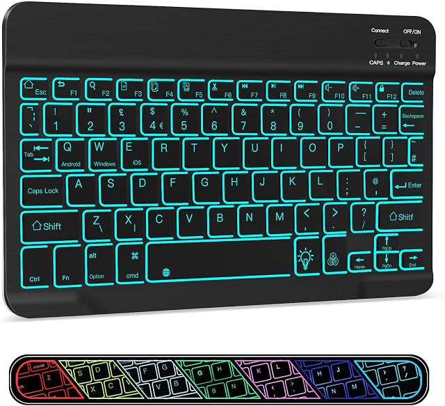 Ultra-Slim Wireless Bluetooth Backlit Keyboard - XIWMIX 7 Colors Rechargeable Portable Silent Keyboard for iPad 10.2/iPad Air/iPad 9.7/Pro/Mini/Samsung/Tablets/iOS/Android/Windows, UK Layout (black)