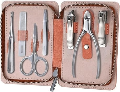 Nail Clippers Set, Portable Nail Clipper Set, 7 Pieces Pedicure Grooming Kit for Men Women, Sharp Finger&Toe Nail Tool, Personal Care Manicure Kit with Leathe,Pink