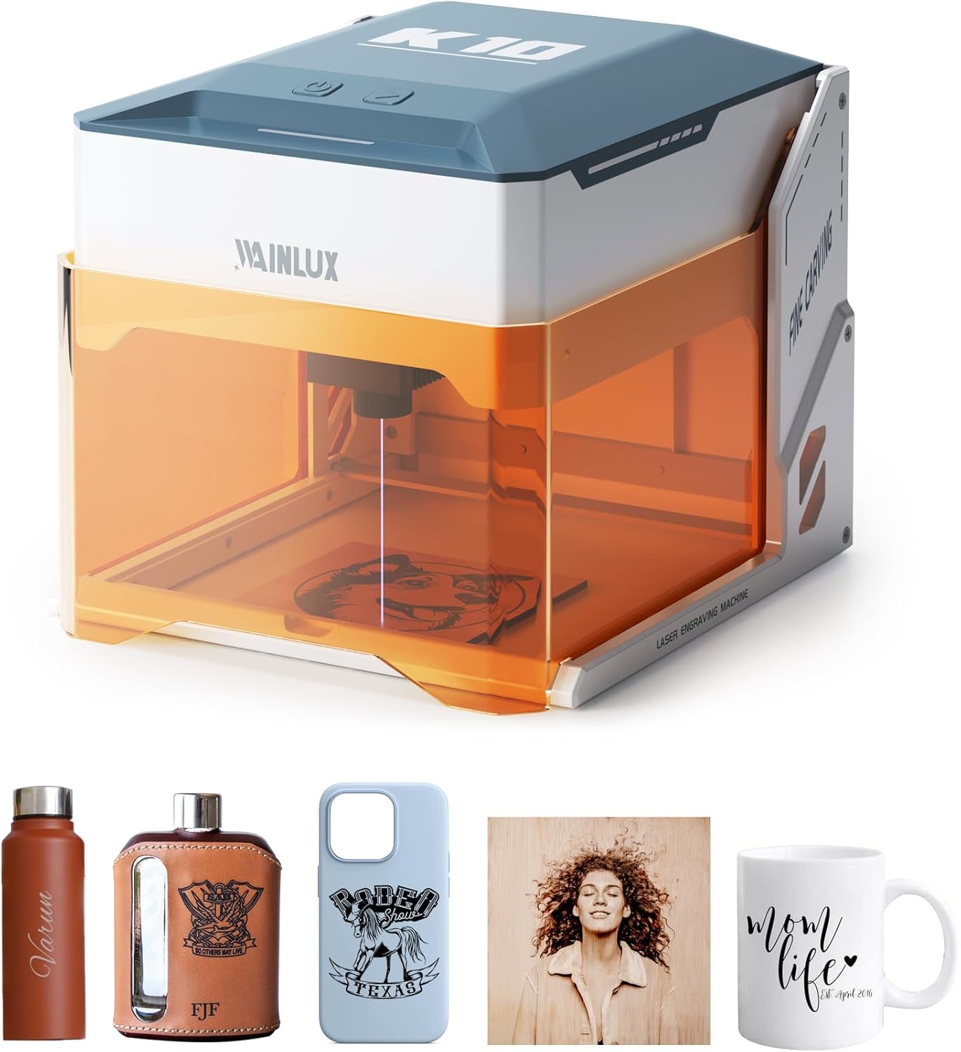 WAINLUX K10 3W Mini Laser Engraving Machine with exampde graverede genstande