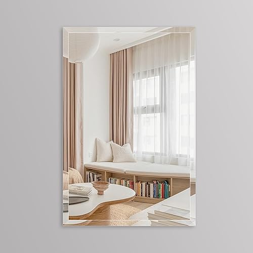 Miniatura 5 de B&C Espejo rectangular sin marco de 24 x 36 pulgadas, borde biselado pulido de 1 pulgada, espejo de tocador de baño para pared, espejo simple moderno
