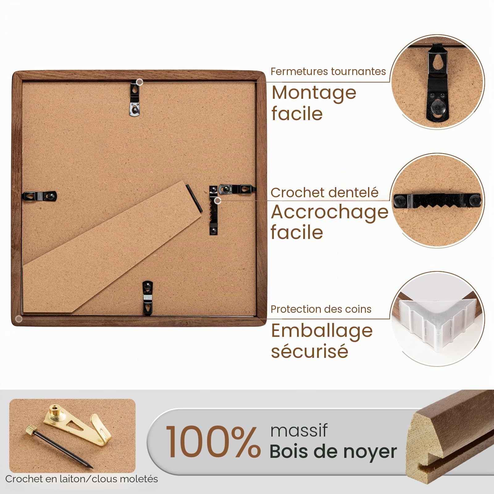 Cadre photo 20x20, Cadre photo en noyer naturel avec verre trempé, Cadre en bois carré de 20x20 cm ou 9x9 cm avec passe-partout pour photos, pour collages, décoration murale pour le mur ou le bureau