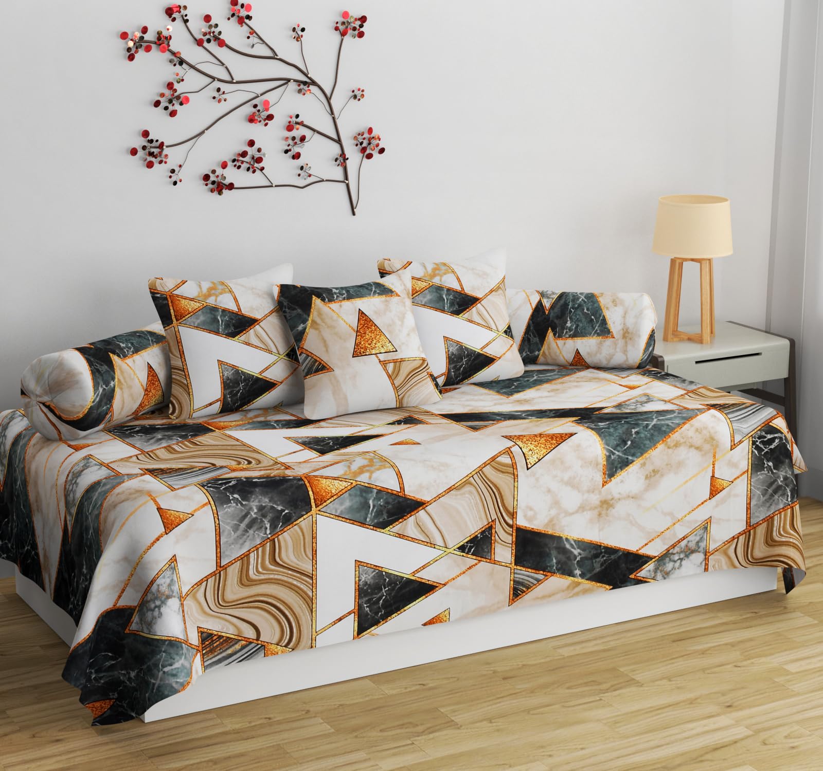 HIDECOR Super Soft Cotton diwan Set for Living Room, diwan Set Covers Cotton, diwan Set 6 Pieces One Single Bedsheet with 3 Cushion Cover,2 Bolster (Multicolor)-image-26