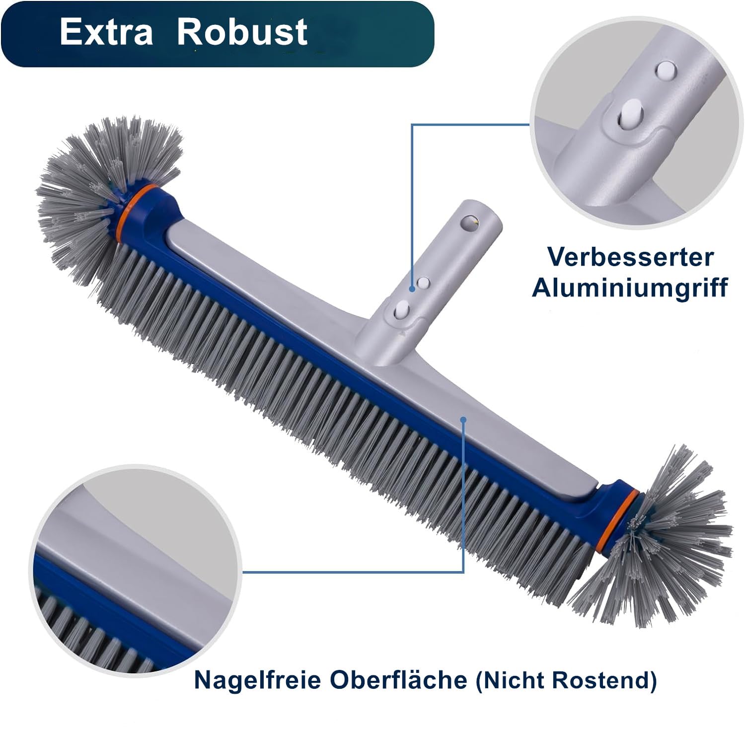 PooLiFE 17,5" Poolbürste Mit Runden Enden für Wand und Fliesen mit verstärkter Aluminium Rückseite,45cm Pool Bürste mit starken Borsten,Nicht mit Teleskopstange